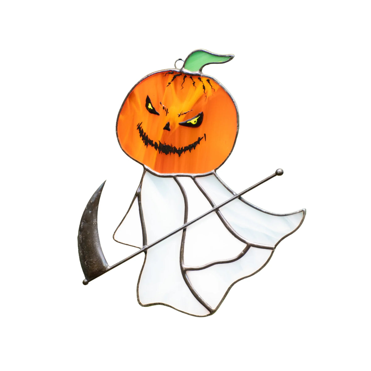 Stained glass grim reaper suncatcher with a carved pumpkin head, white ghost robe, and metal scythe, shown isolated on a white background.
