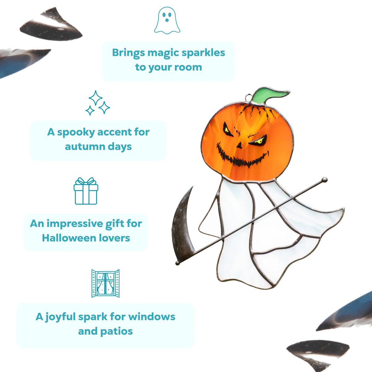 Infographic highlighting the grim reaper pumpkin head stained glass suncatcher as a spooky Halloween accent and gift idea.