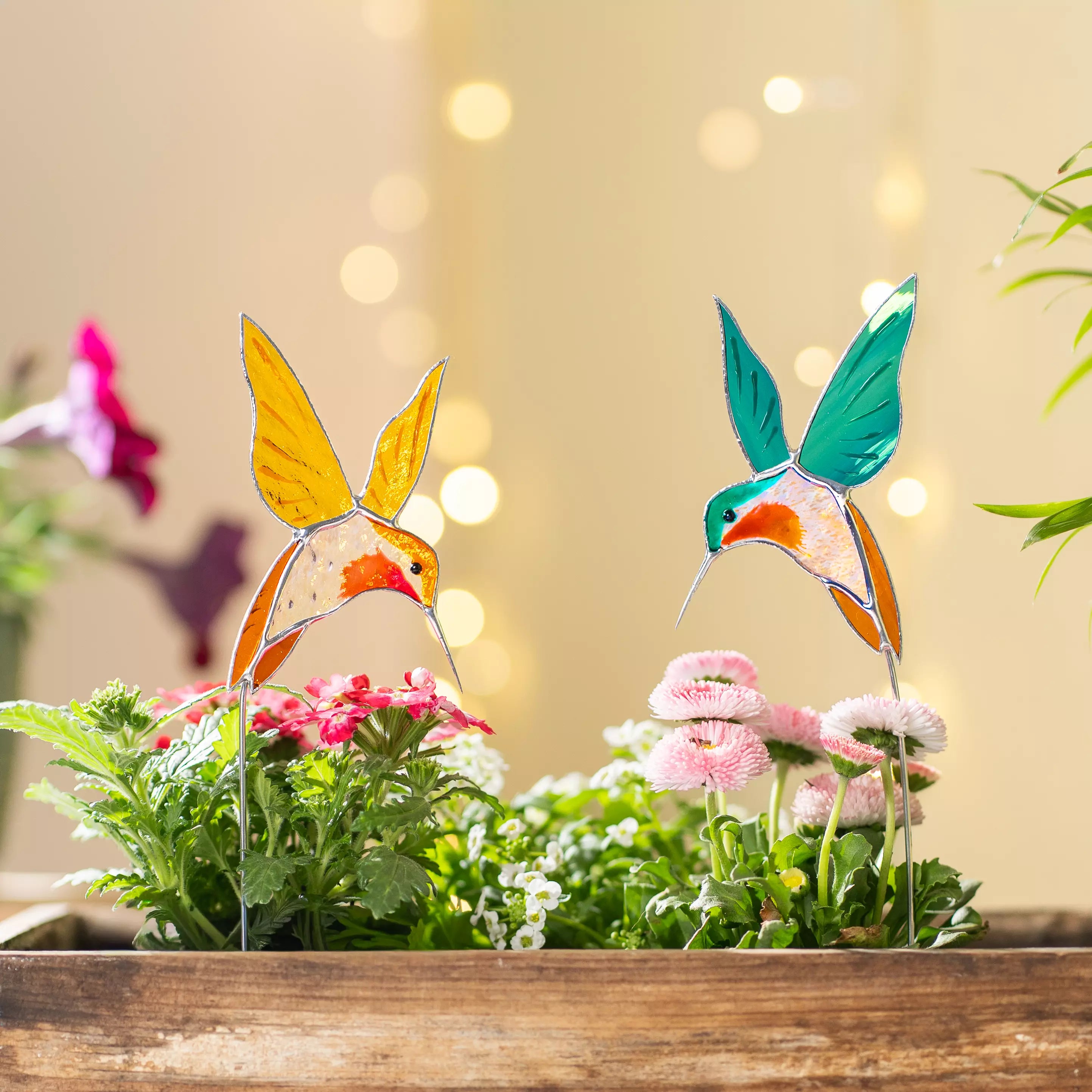 Pair of Yellow and Blue Hummingbirds - Stained Glass Plant Stakes