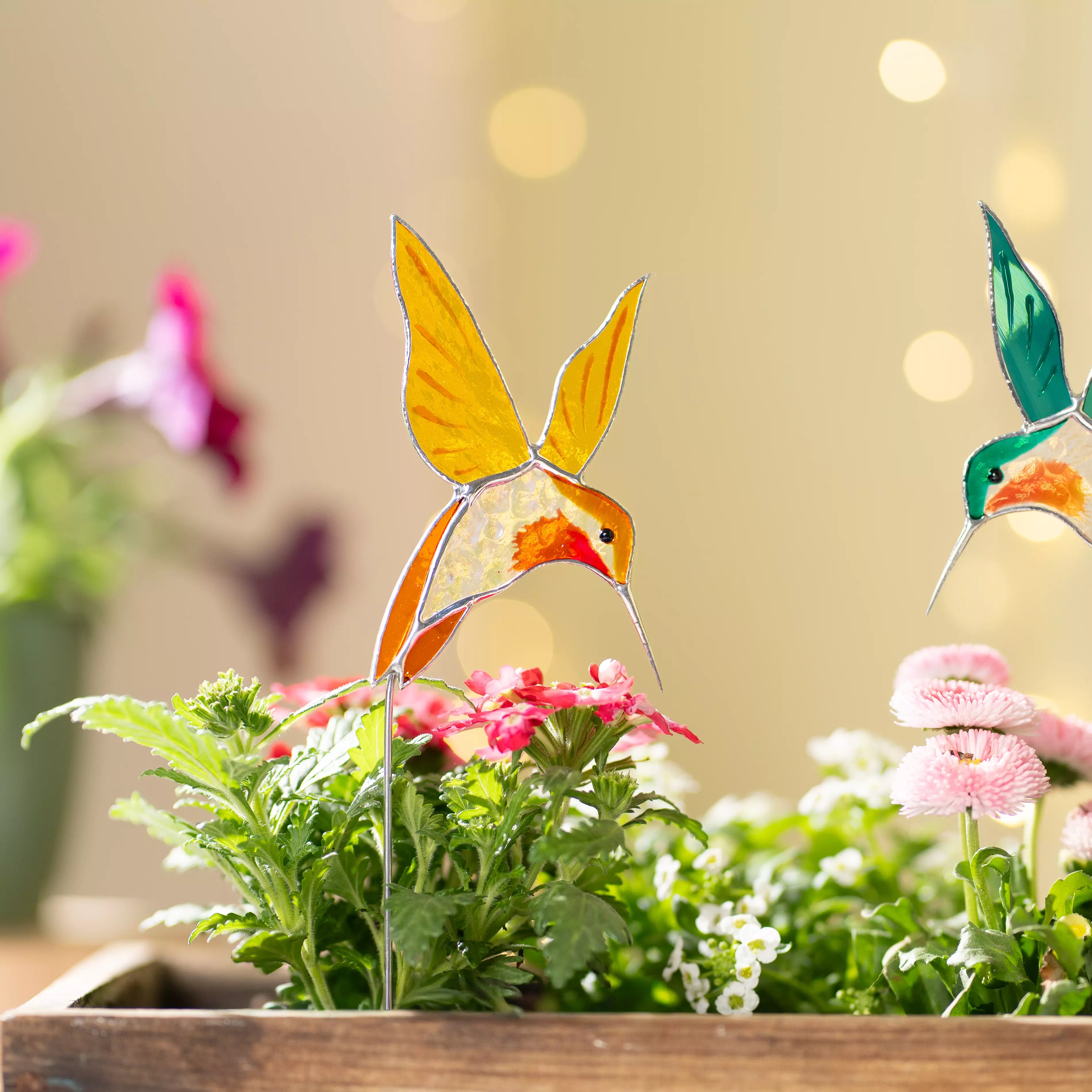 Pair of Yellow and Blue Hummingbirds - Stained Glass Plant Stakes