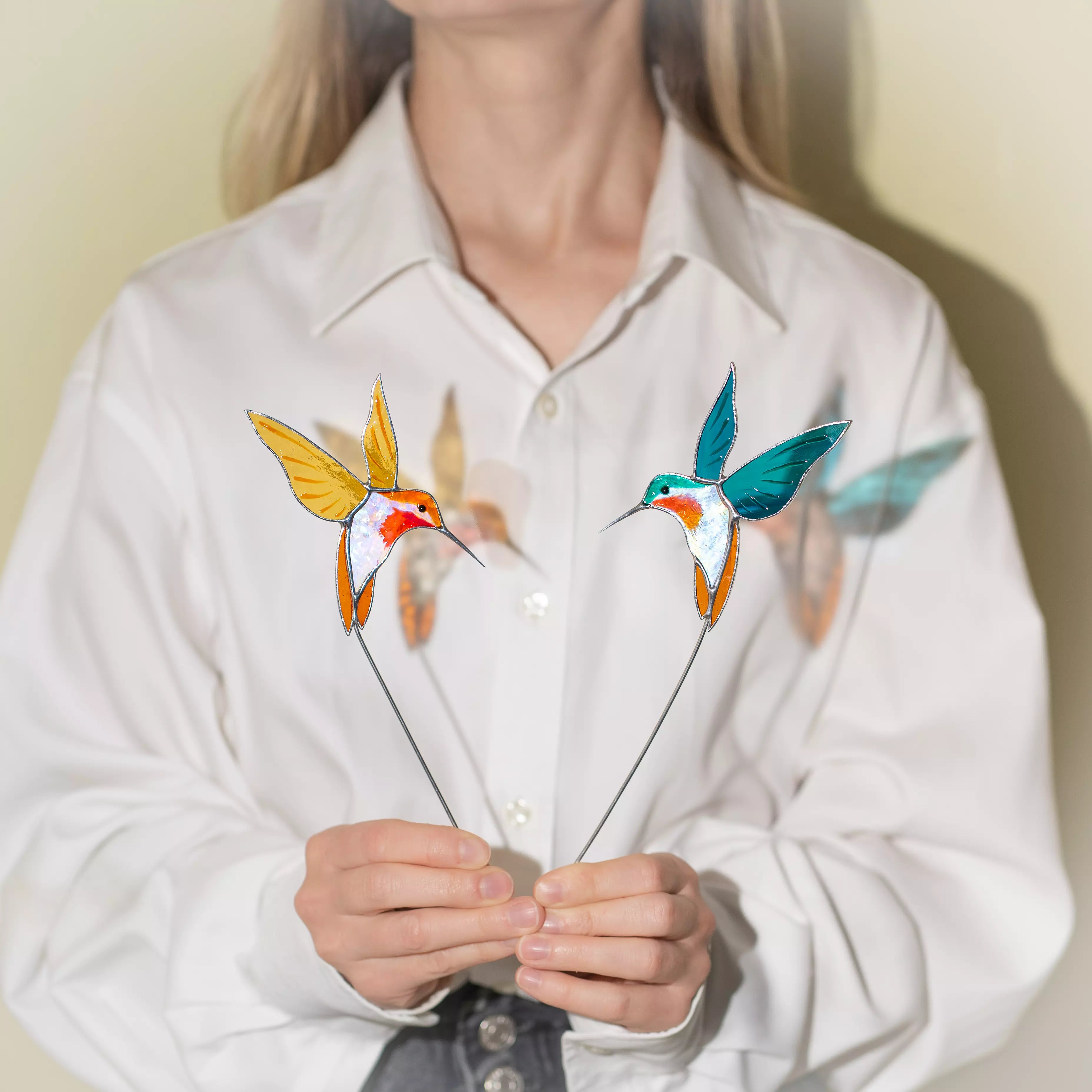 Pair of Yellow and Blue Hummingbirds - Stained Glass Plant Stakes