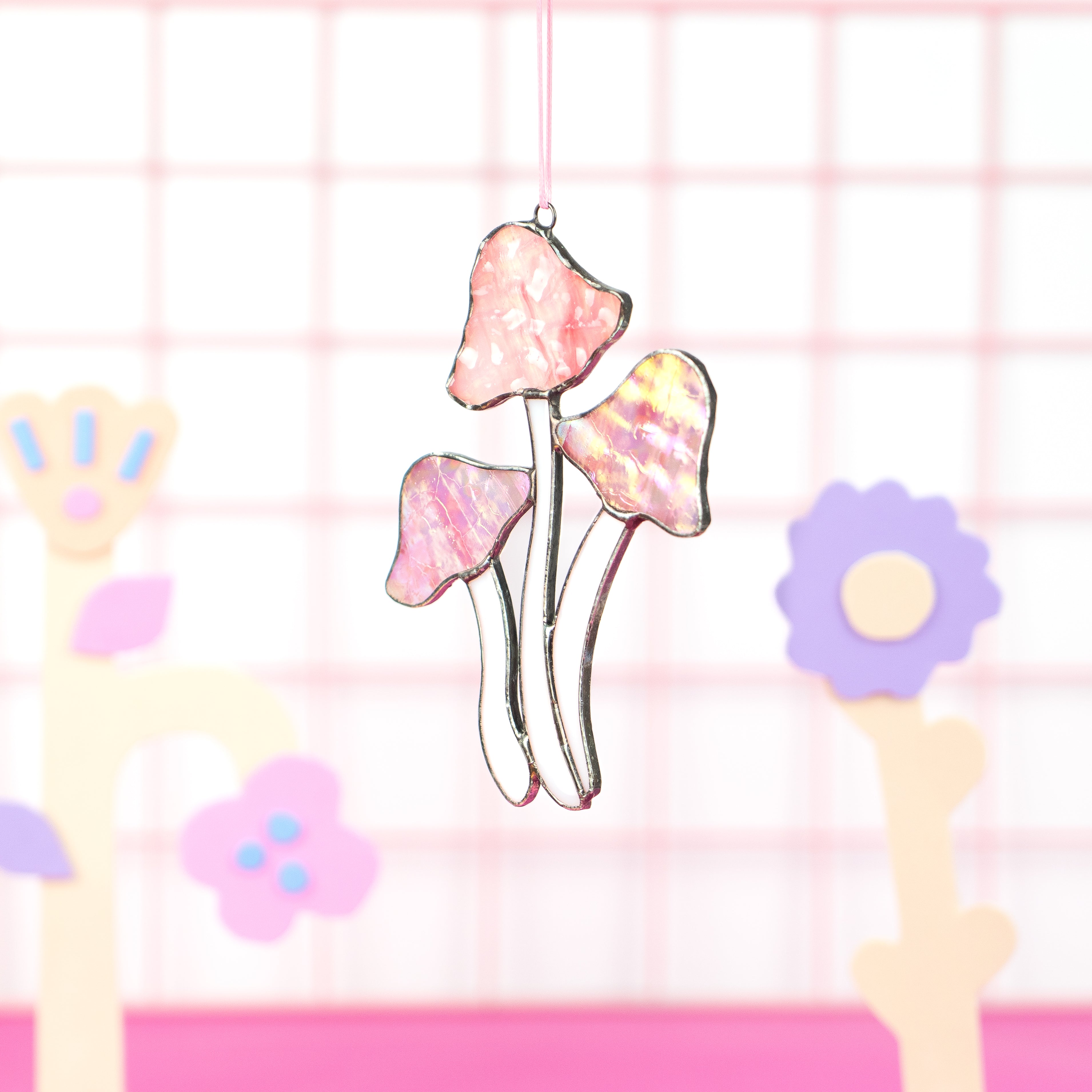 Pink Mushrooms - Stained Glass Suncatcher