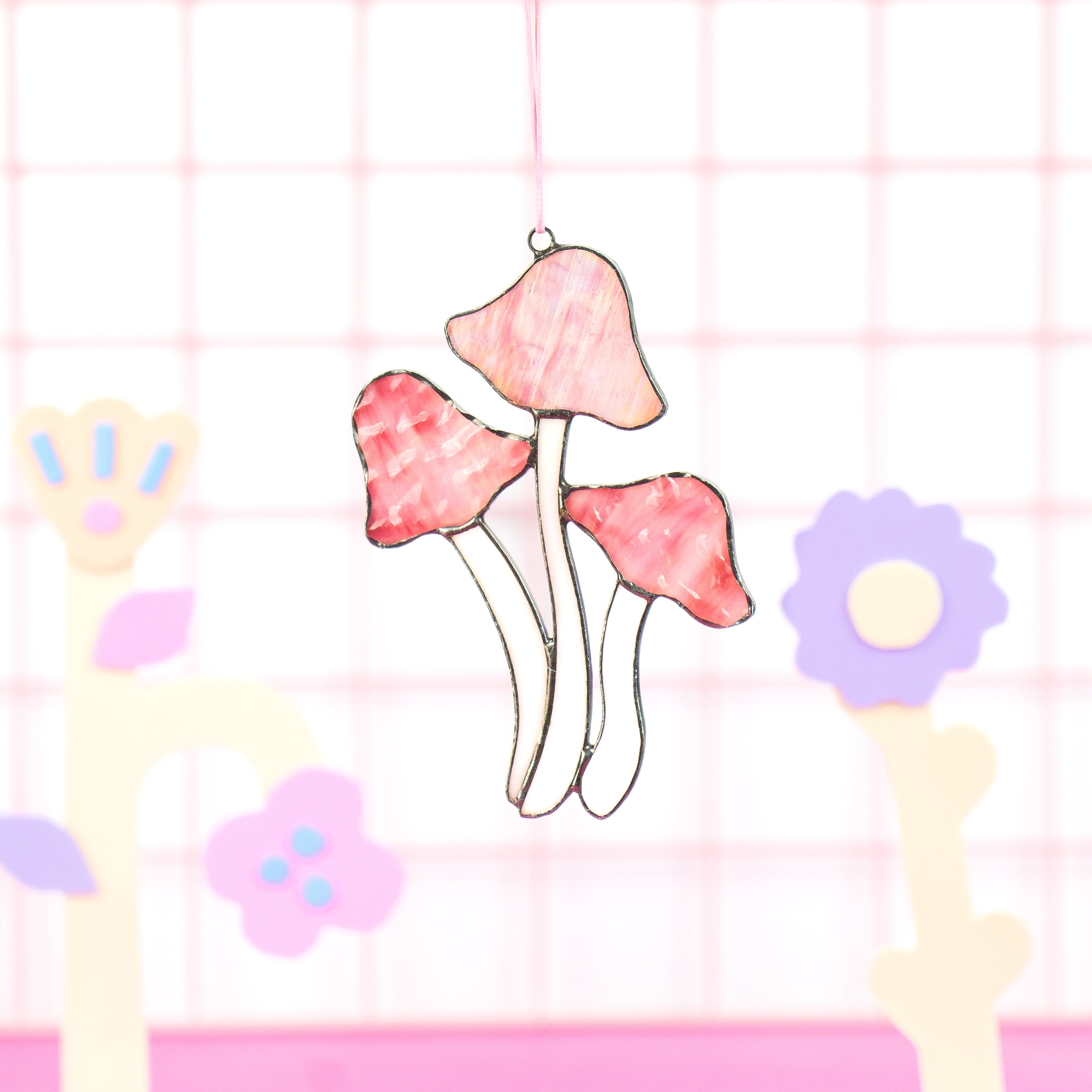 Pink Mushrooms - Stained Glass Suncatcher
