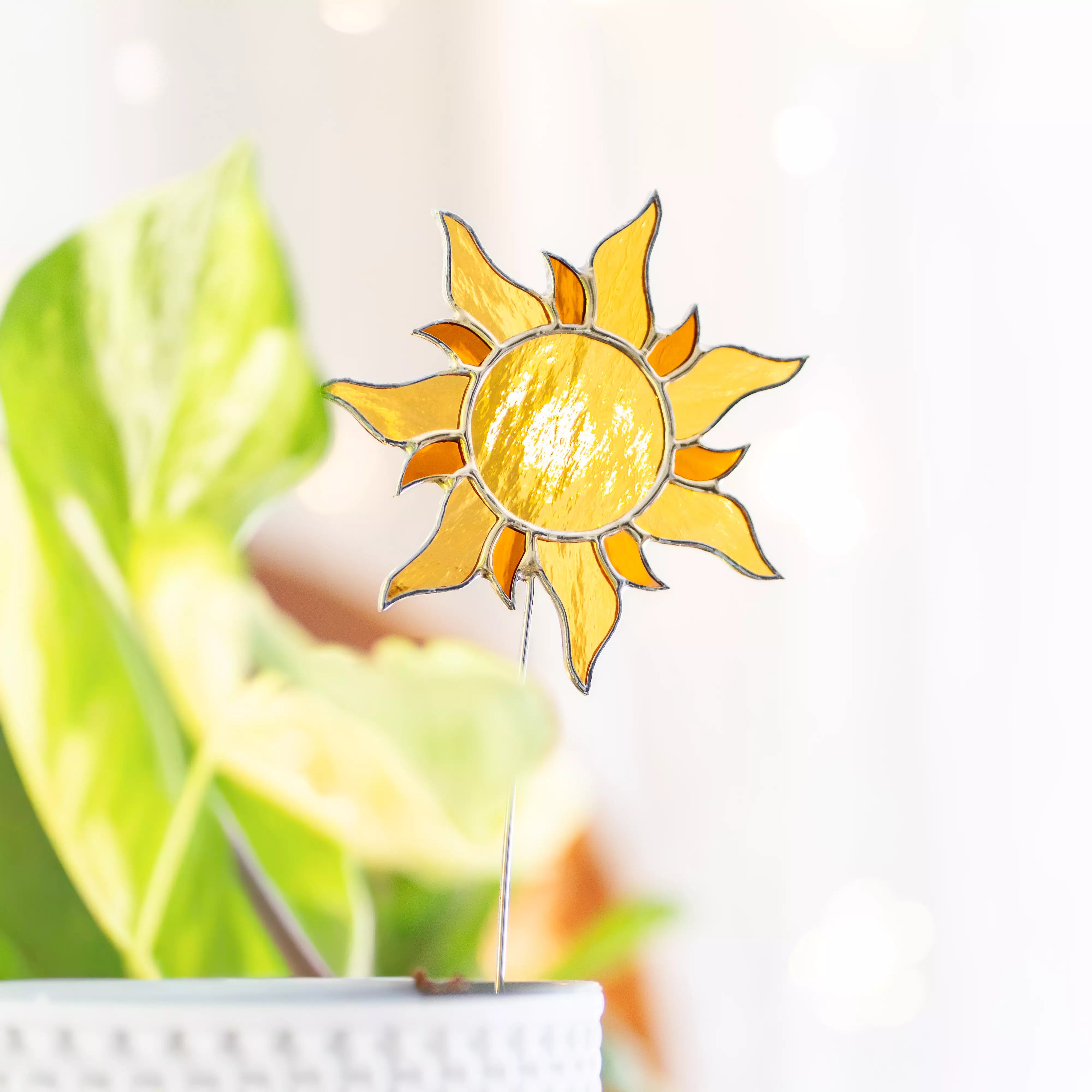 Orange Sun and Moon with White Cloude - Stained Glass Plant Stakes