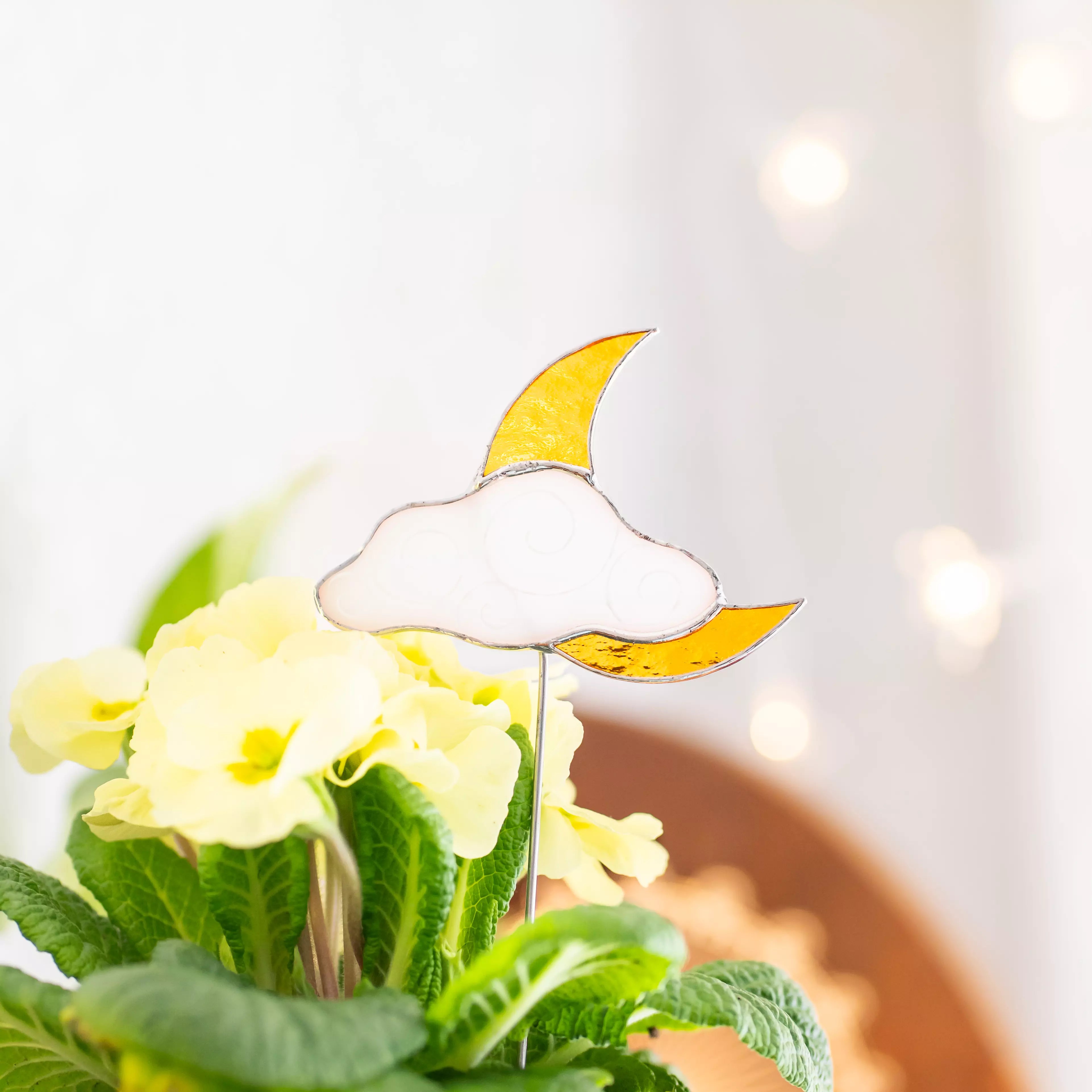 Orange Sun and Moon with White Cloude - Stained Glass Plant Stakes