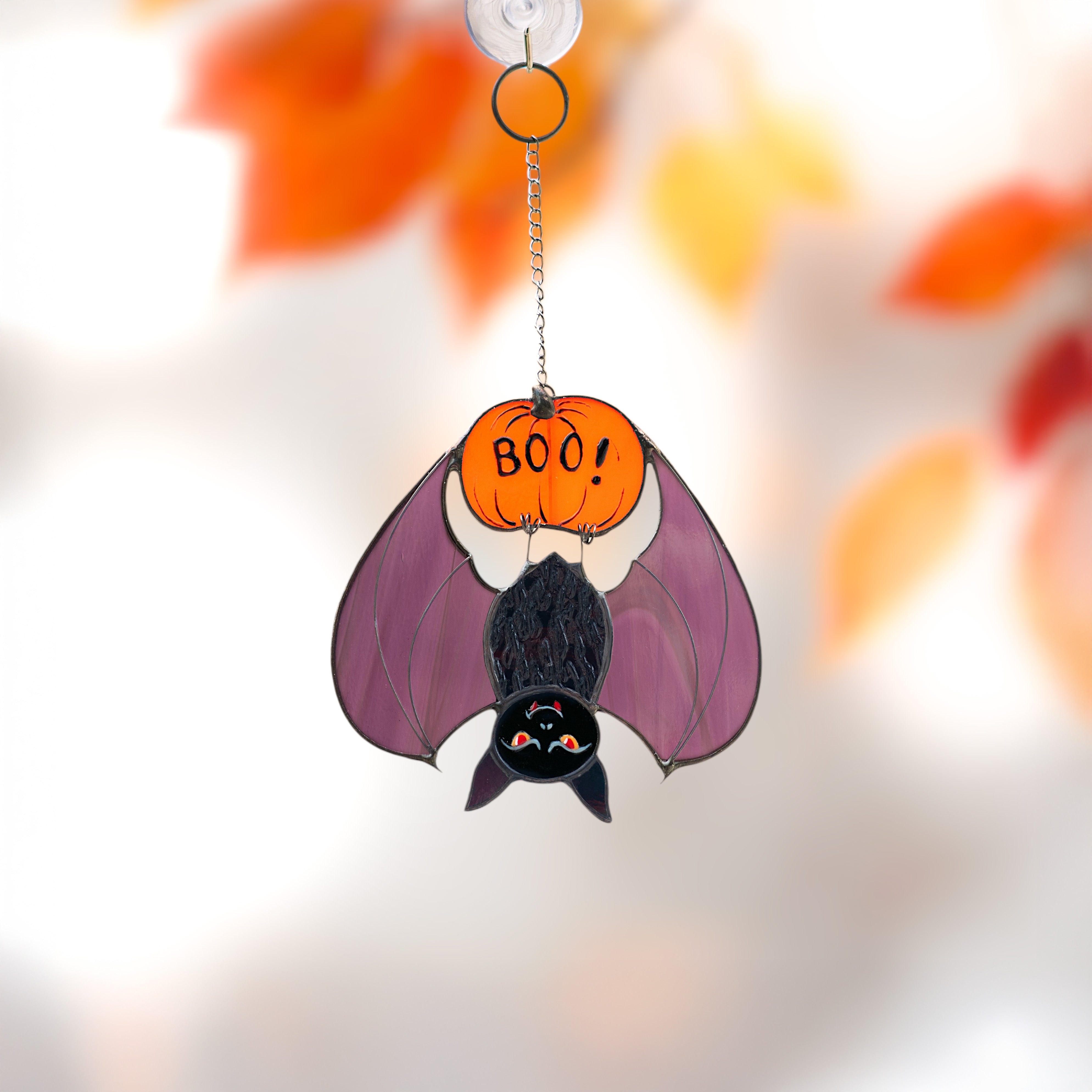 Boo Bat Hanging on a Pumpkin - Stained Glass Suncatcher