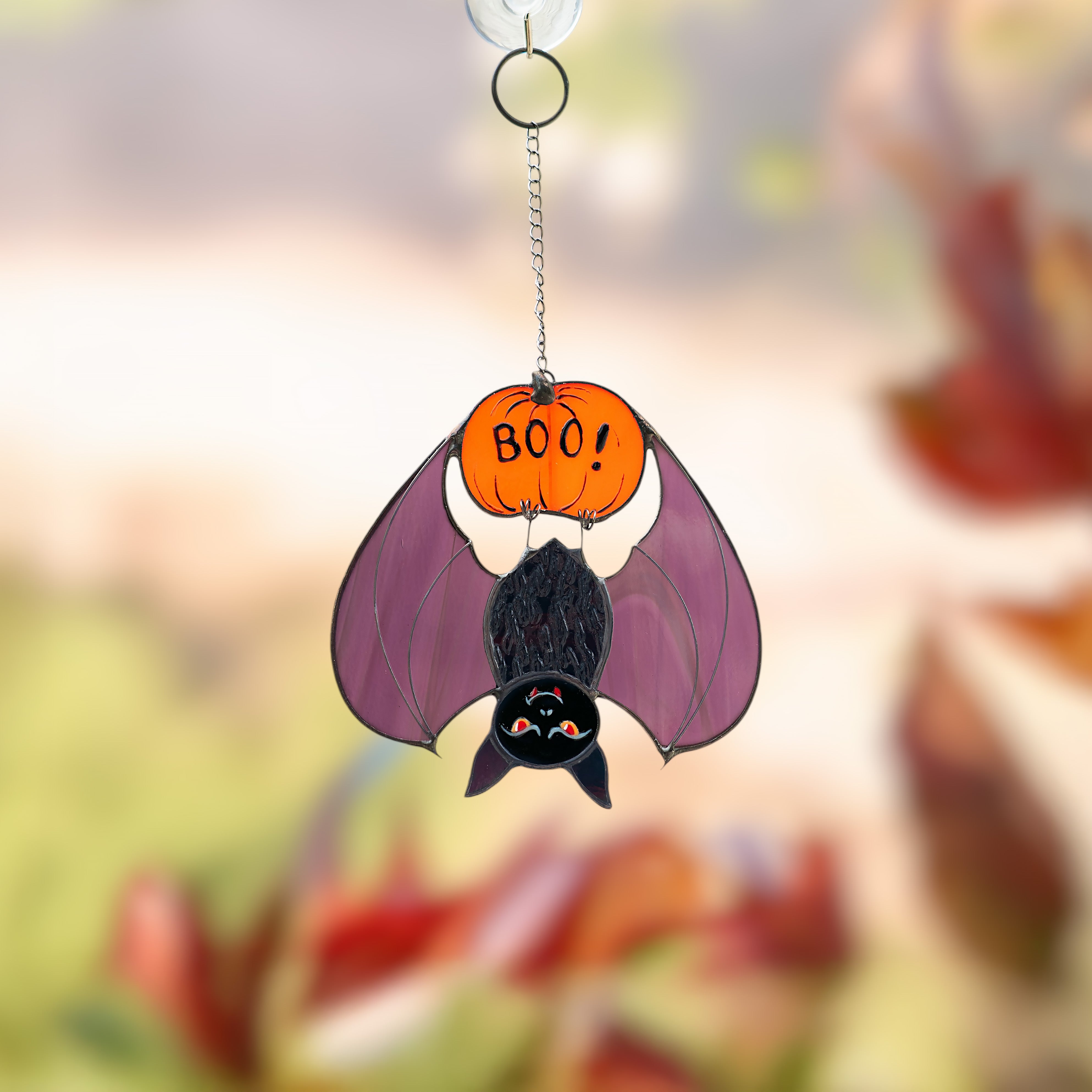 Boo Bat Hanging on a Pumpkin - Stained Glass Suncatcher