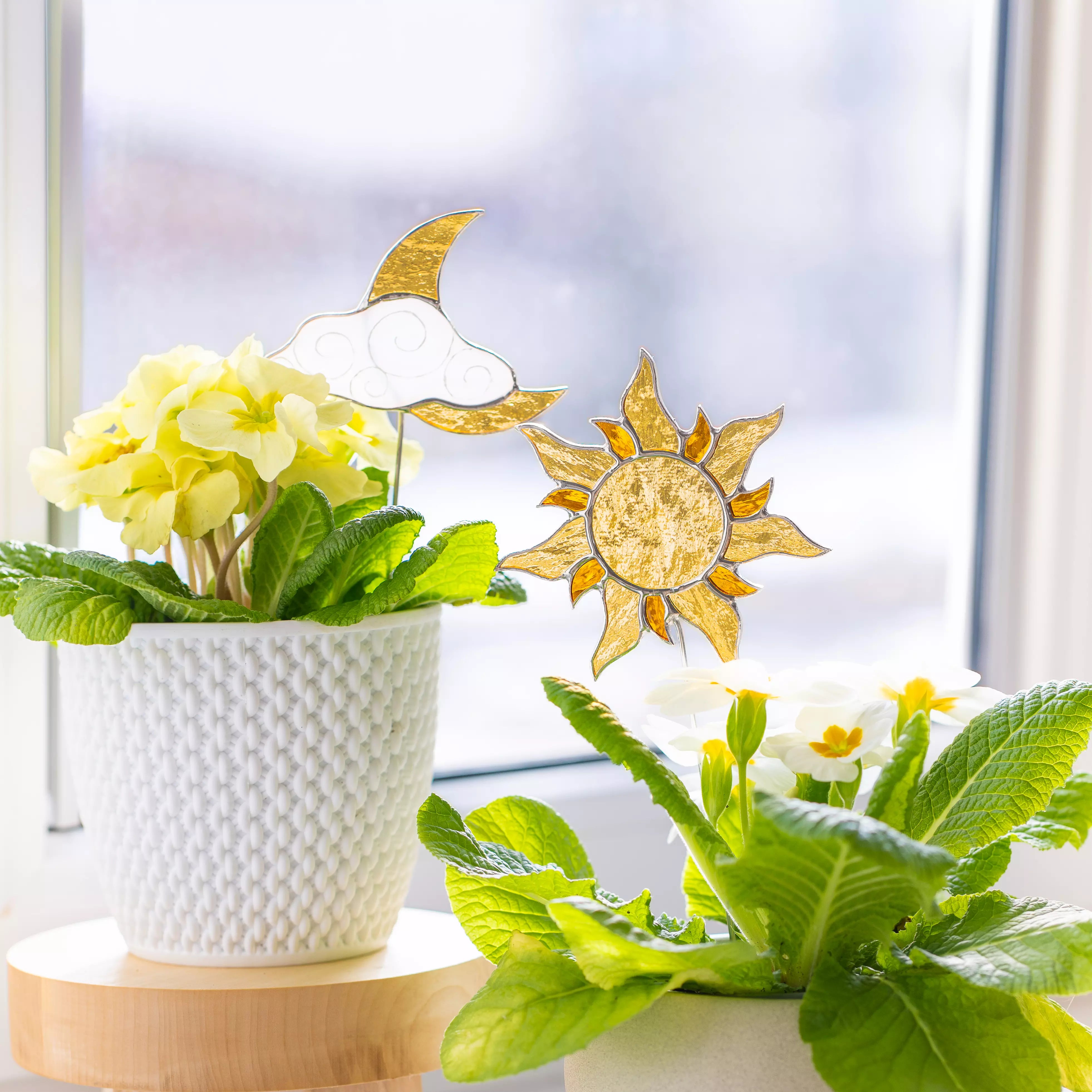 Orange Sun and Moon with White Cloude - Stained Glass Plant Stakes