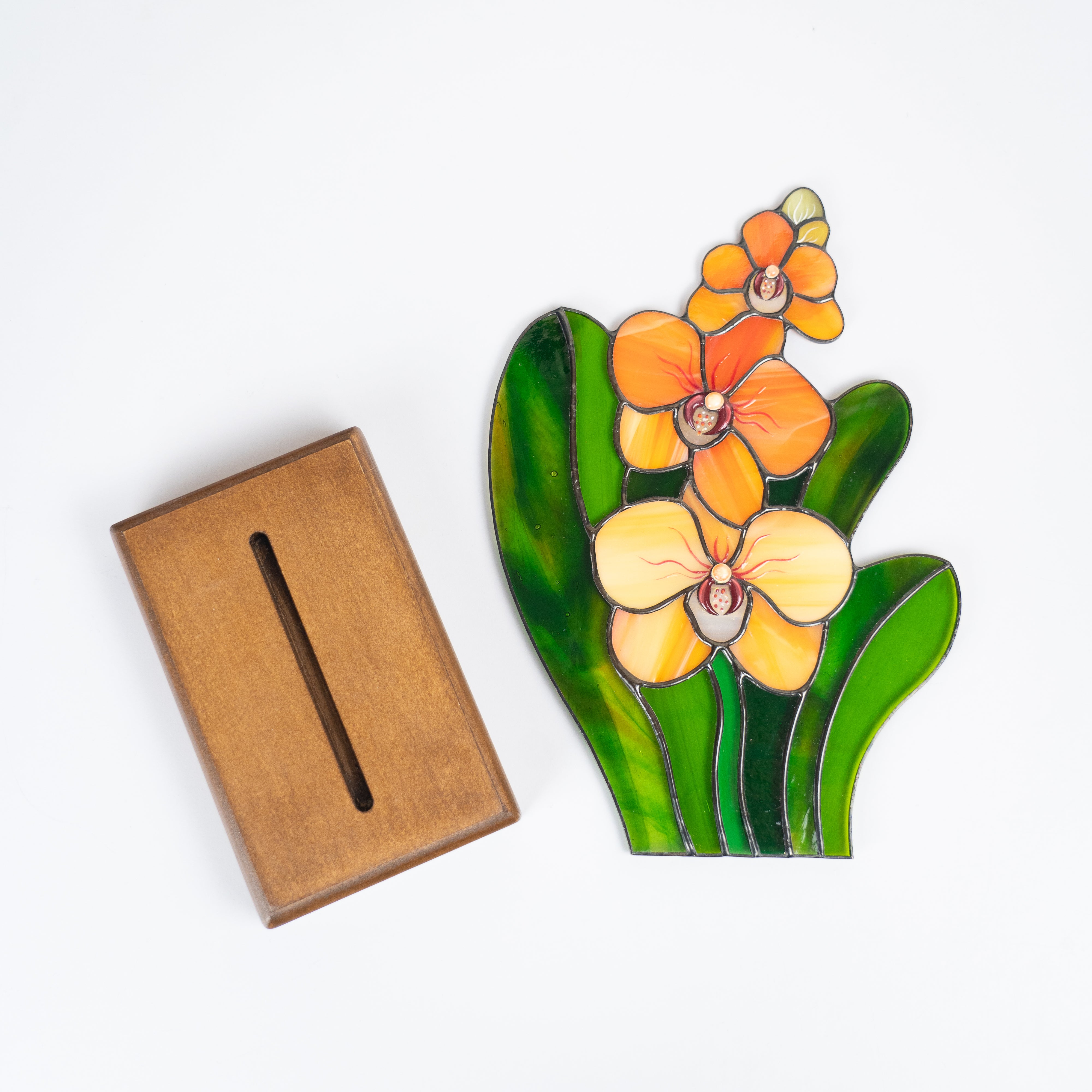 Orange Orchid on a Wooden Base - Stained Glass Panel