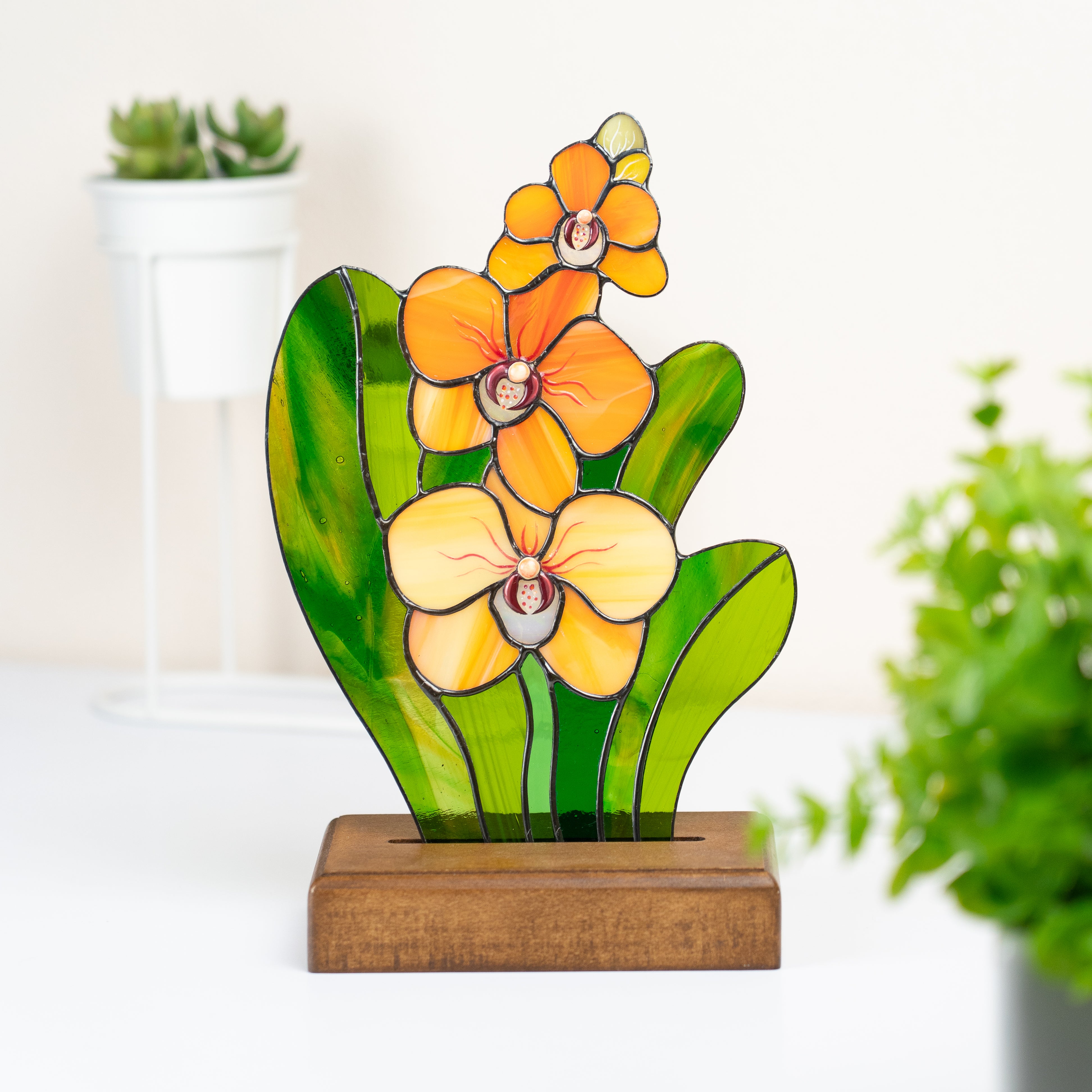 Orange Orchid on a Wooden Base - Stained Glass Panel