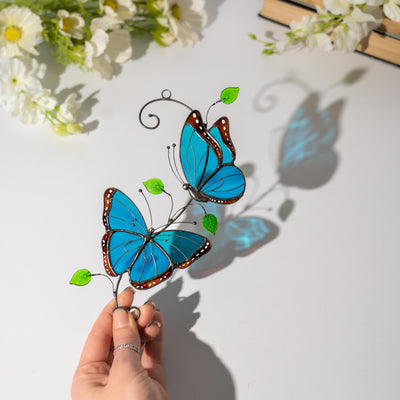 morpho butterflies stained glass window hanging