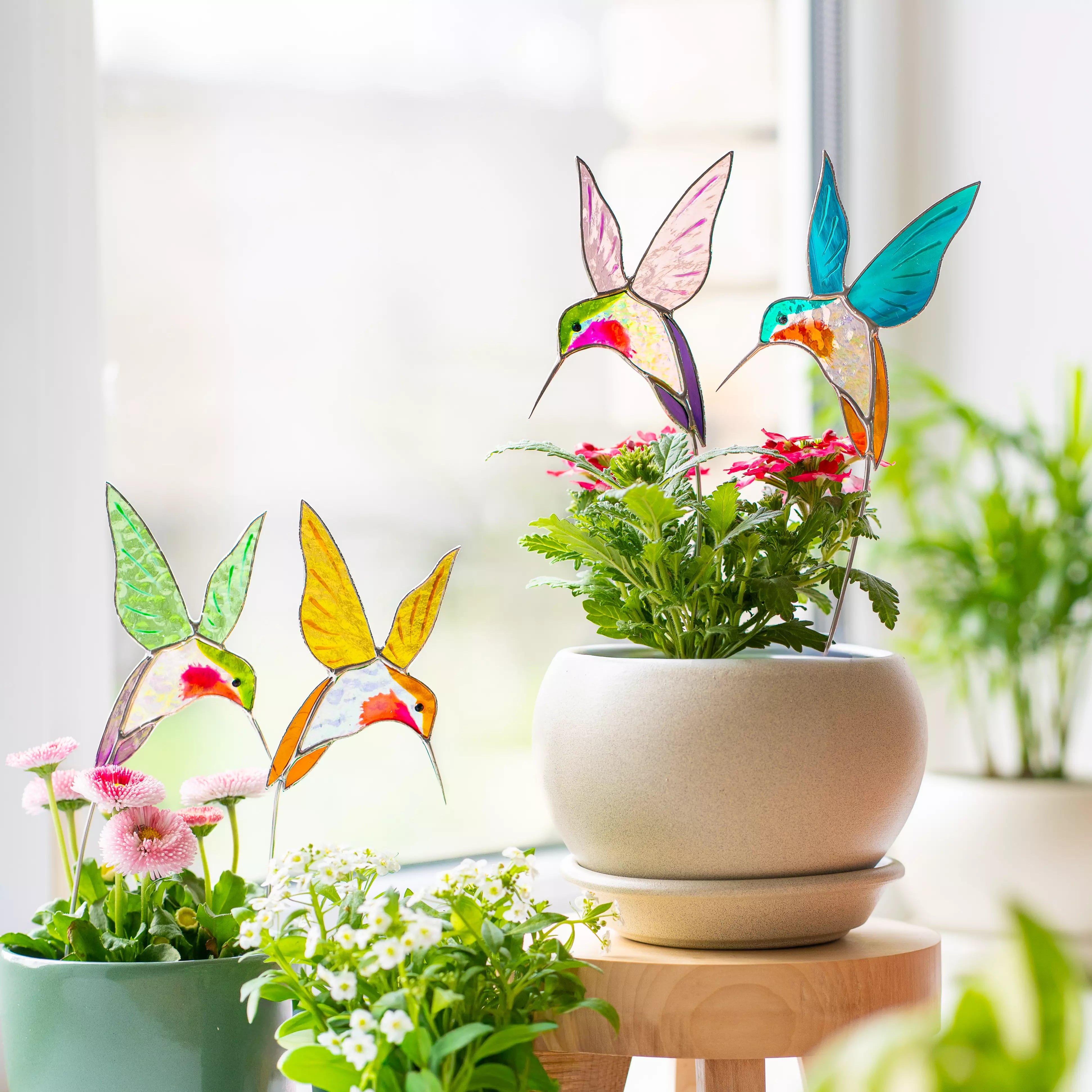 Pair of Yellow and Blue Hummingbirds - Stained Glass Plant Stakes