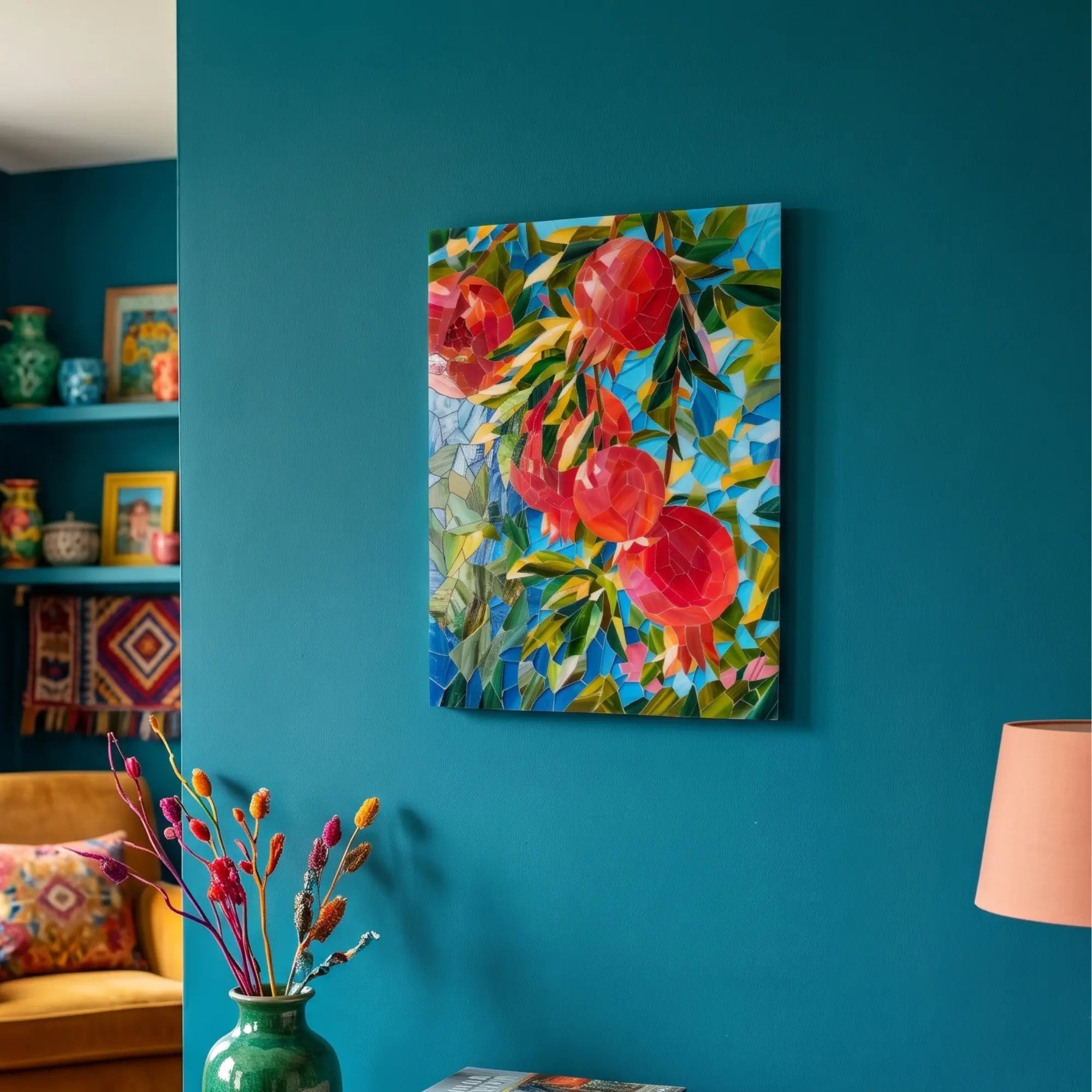 A colorful stained glass mosaic wall art of red pomegranates on a tree, displayed on a dark teal wall in a styled living room setting.