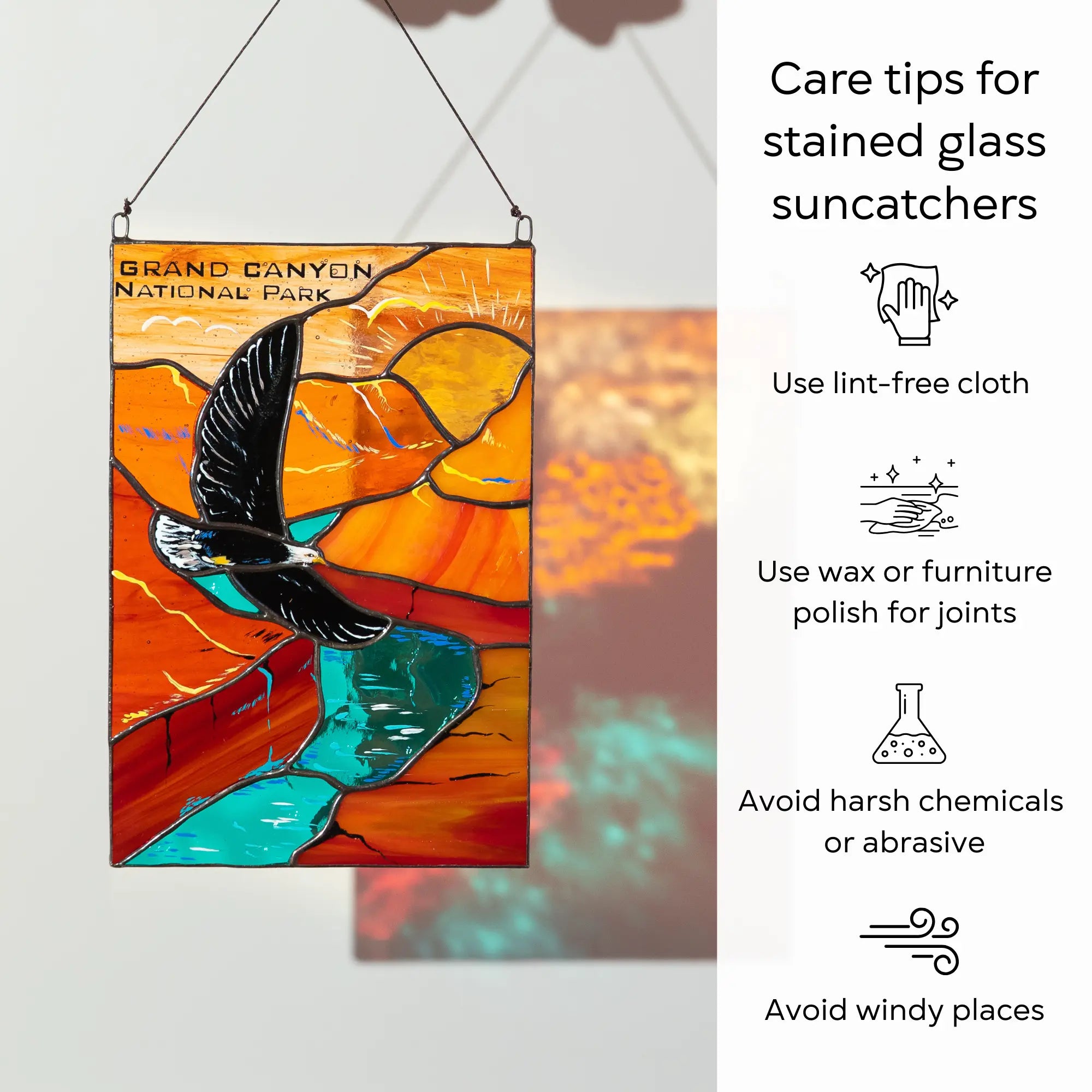 Stained glass suncatcher with Grand Canyon design and care tips on the right: use lint-free cloth, polish joints with car wax or furniture polish, avoid harsh chemicals, and windy places.
