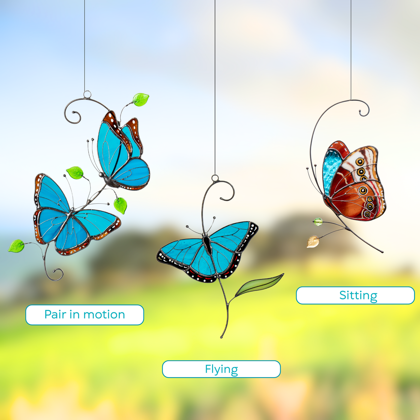 Three stained glass morpho butterflies are displayed against a blurred background: a pair with leaf details in motion, a single butterfly flying, and a side view sitting on the branch.