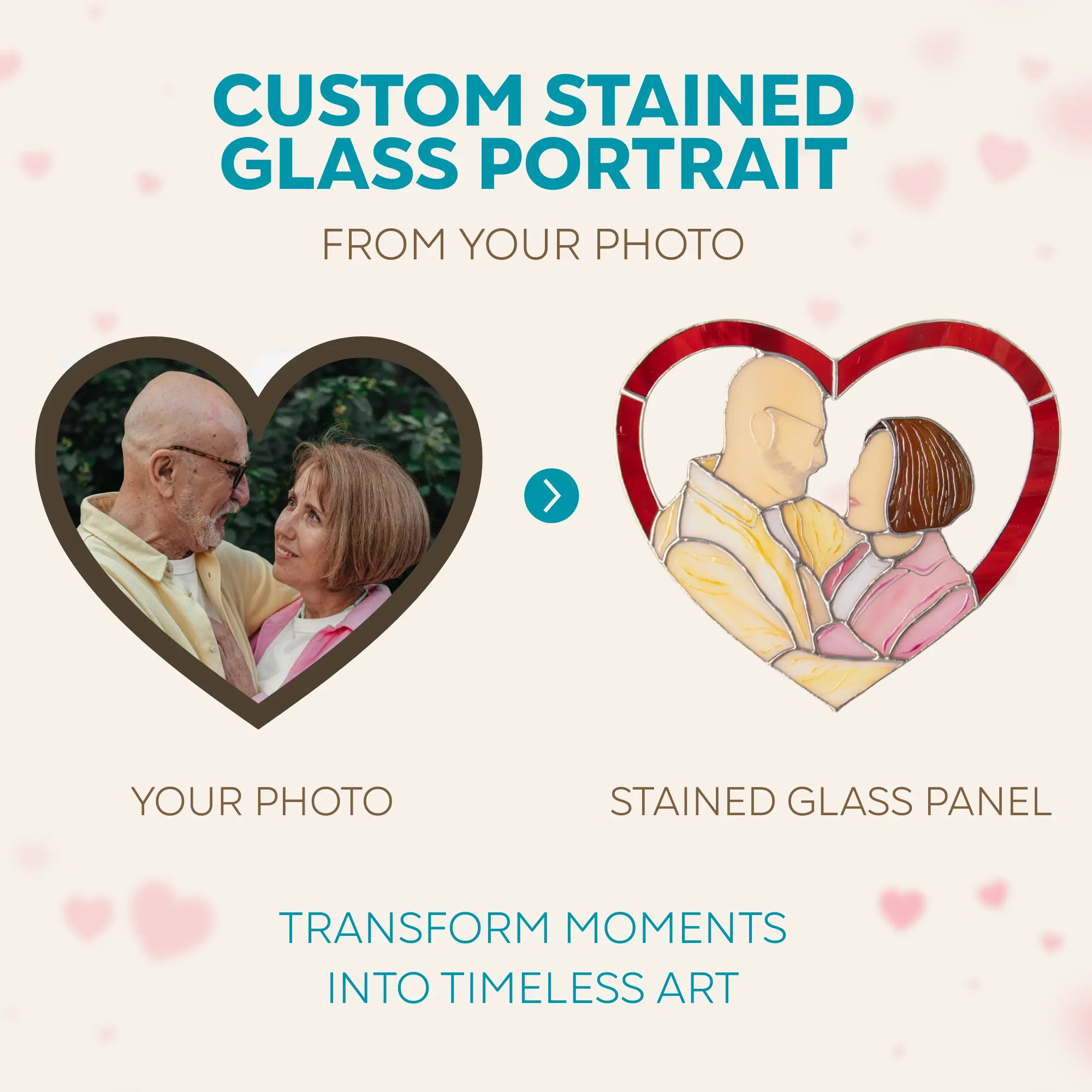 Infographic with custom stained glass portrait showing a photo and stained glass panel of an elderly couple.