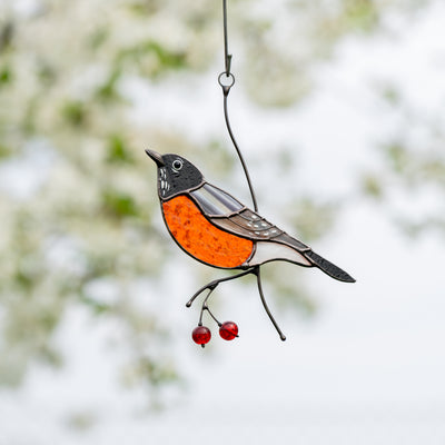 American robin bird suncatcher of stained glass hanging outdoor
