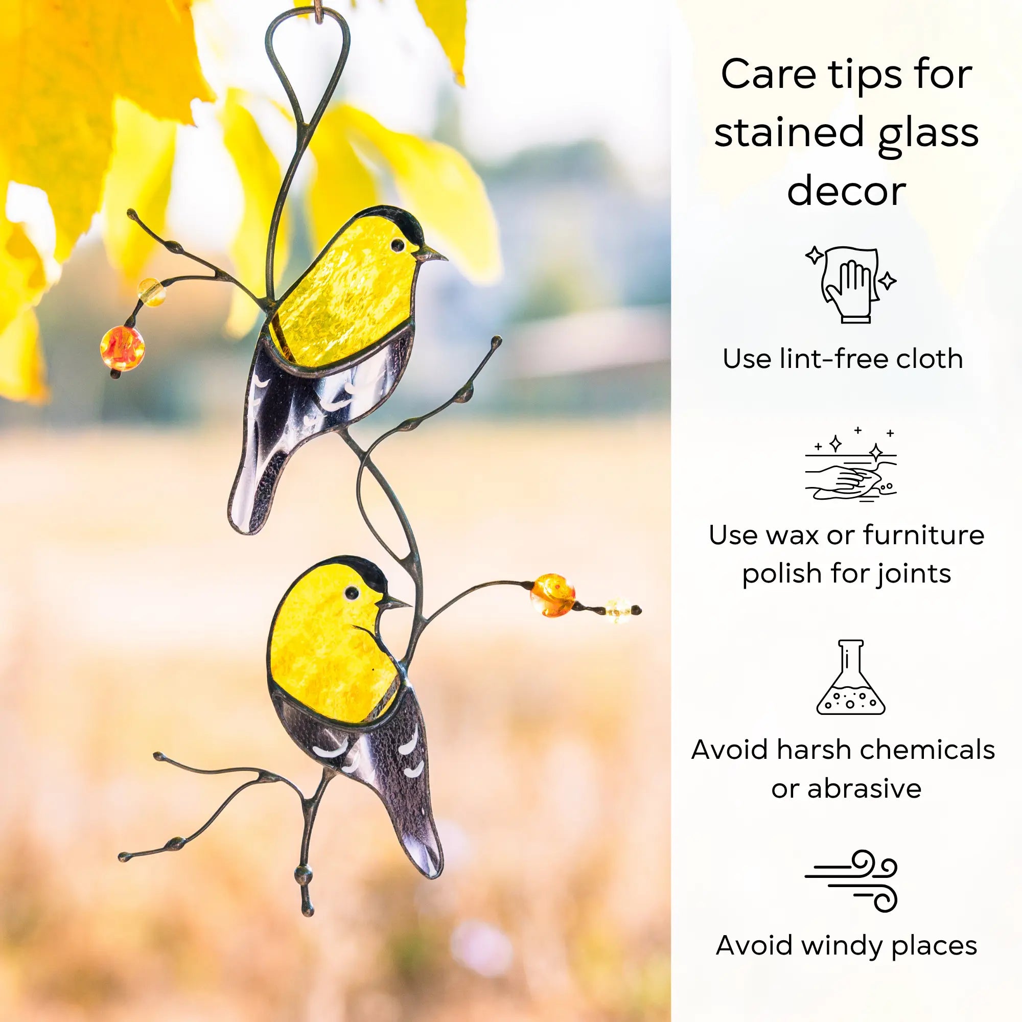 An infographic titled "Care tips for stained glass decor" featuring yellow bird suncatchers: use lint-free cloth, polish joints with car wax or furniture polish, avoid harsh chemicals, and windy places.