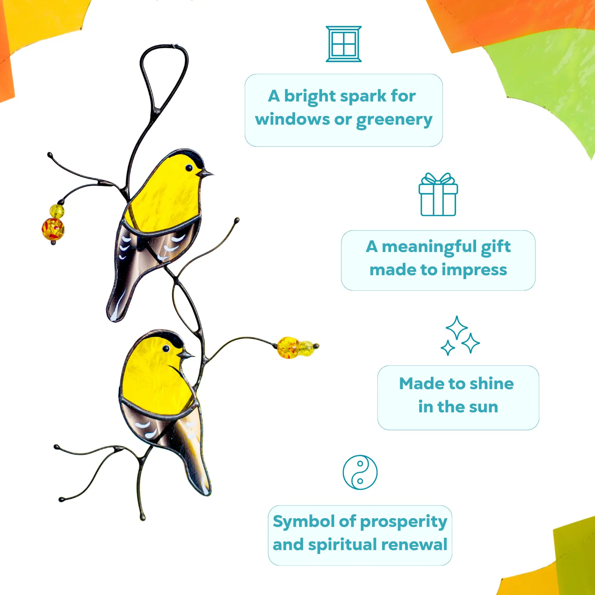 An infographic listed benefit icons for a stained glass goldfinch suncatcher: "A bright spark for windows or greenery," "A meaningful gift made to impress," "Made to shine in the sun," and "Symbol of prosperity and renewal".