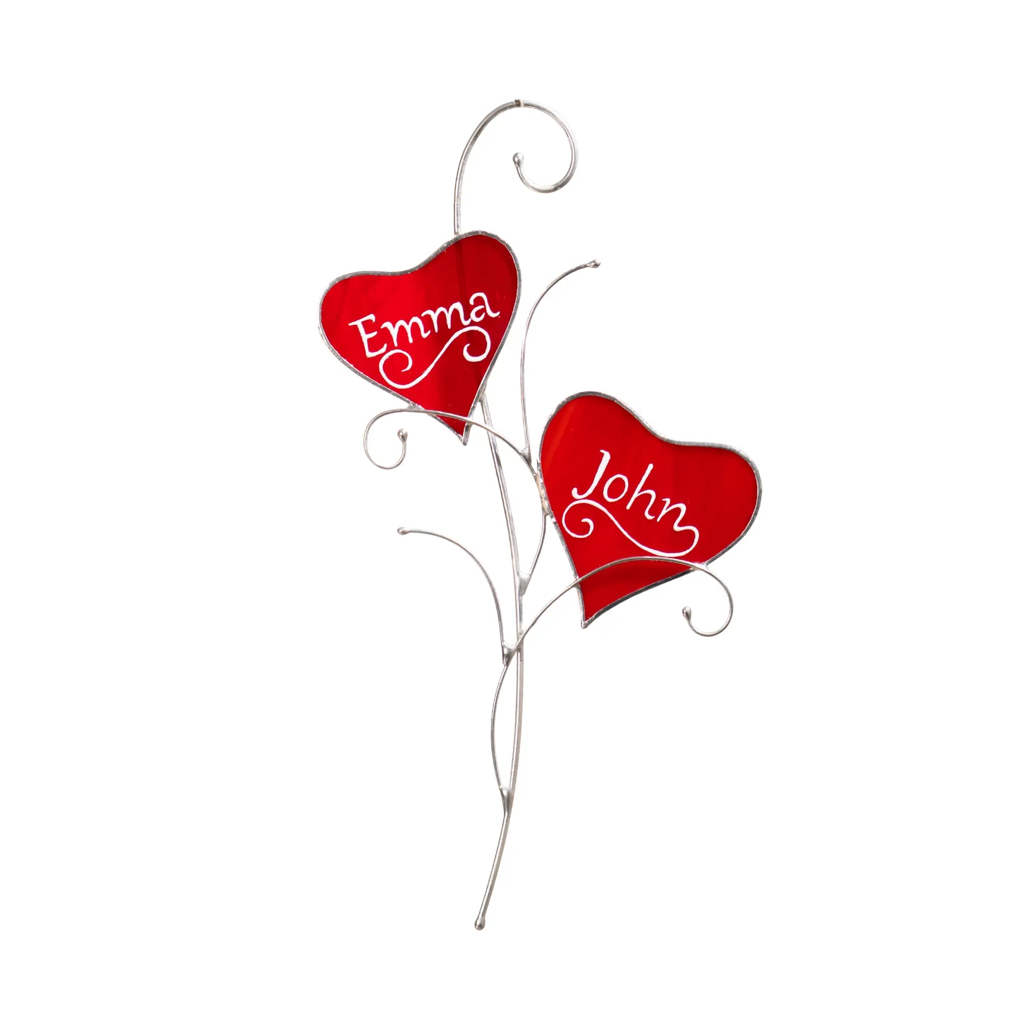 Pair of Red Hearts with Personalization - Stained Glass Suncatcher