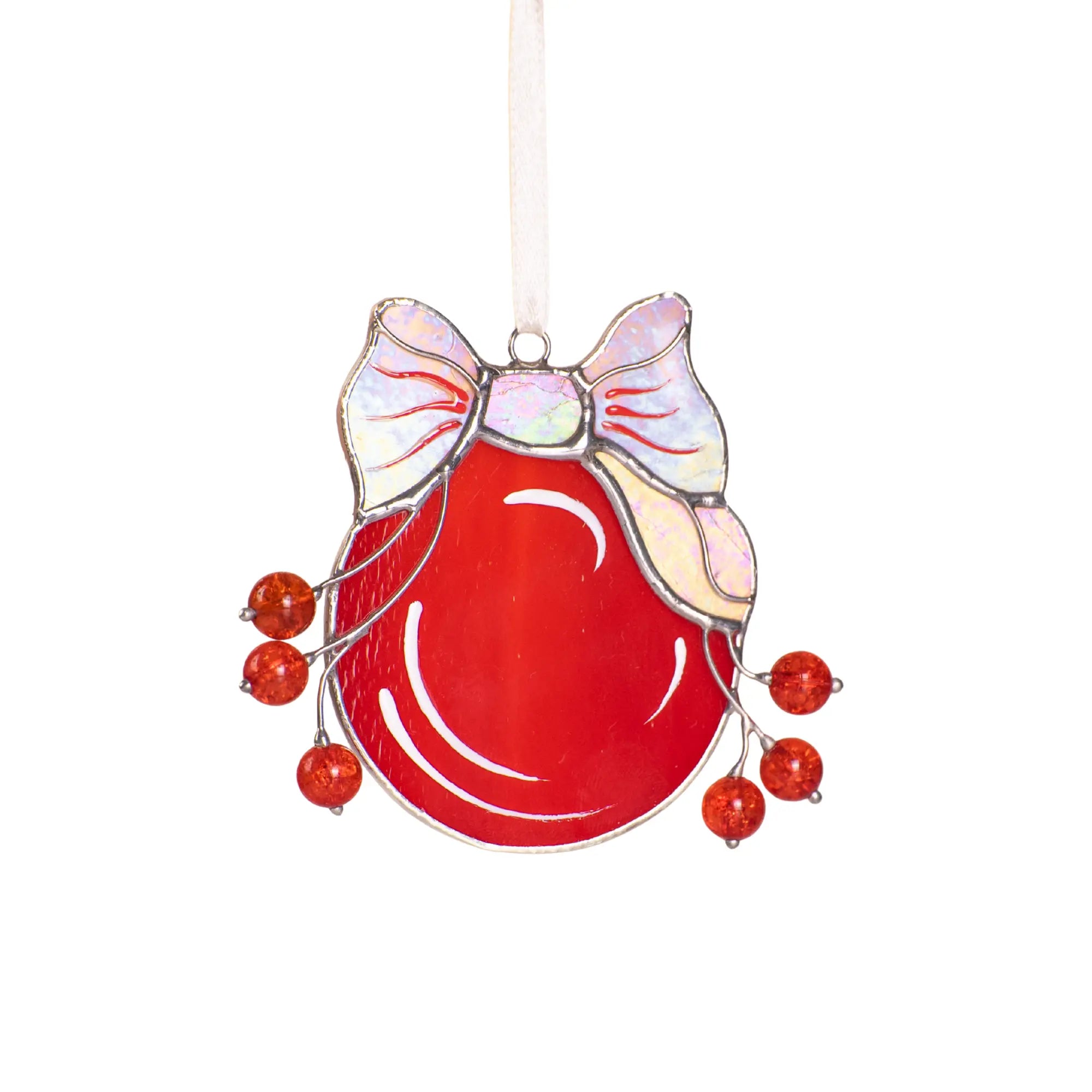 Red Christmas Ball with Iridescent Bow - Stained Glass Ornament
