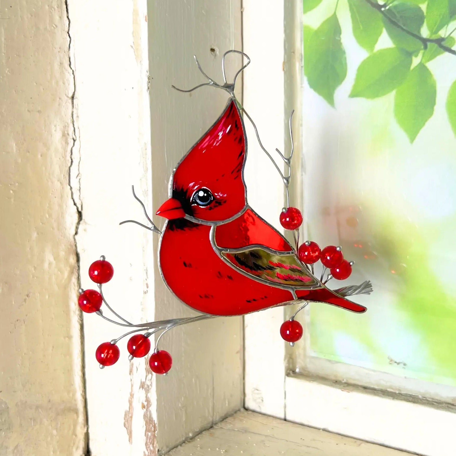 Mirror Red Cardinal - Stained Glass Suncatcher