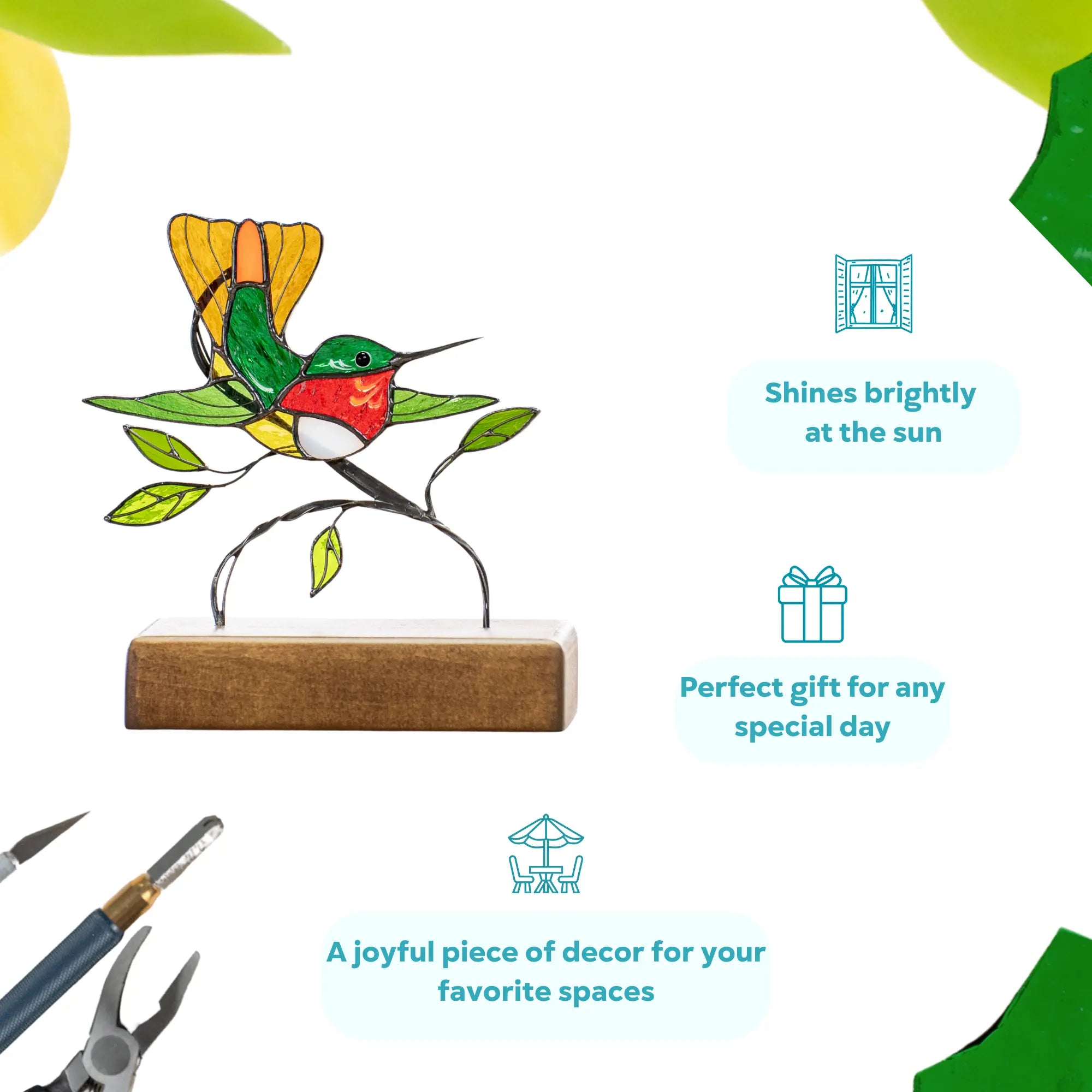 Decorative hummingbird stained glass ornament on the wooden base, as a perfect gift for nature lovers