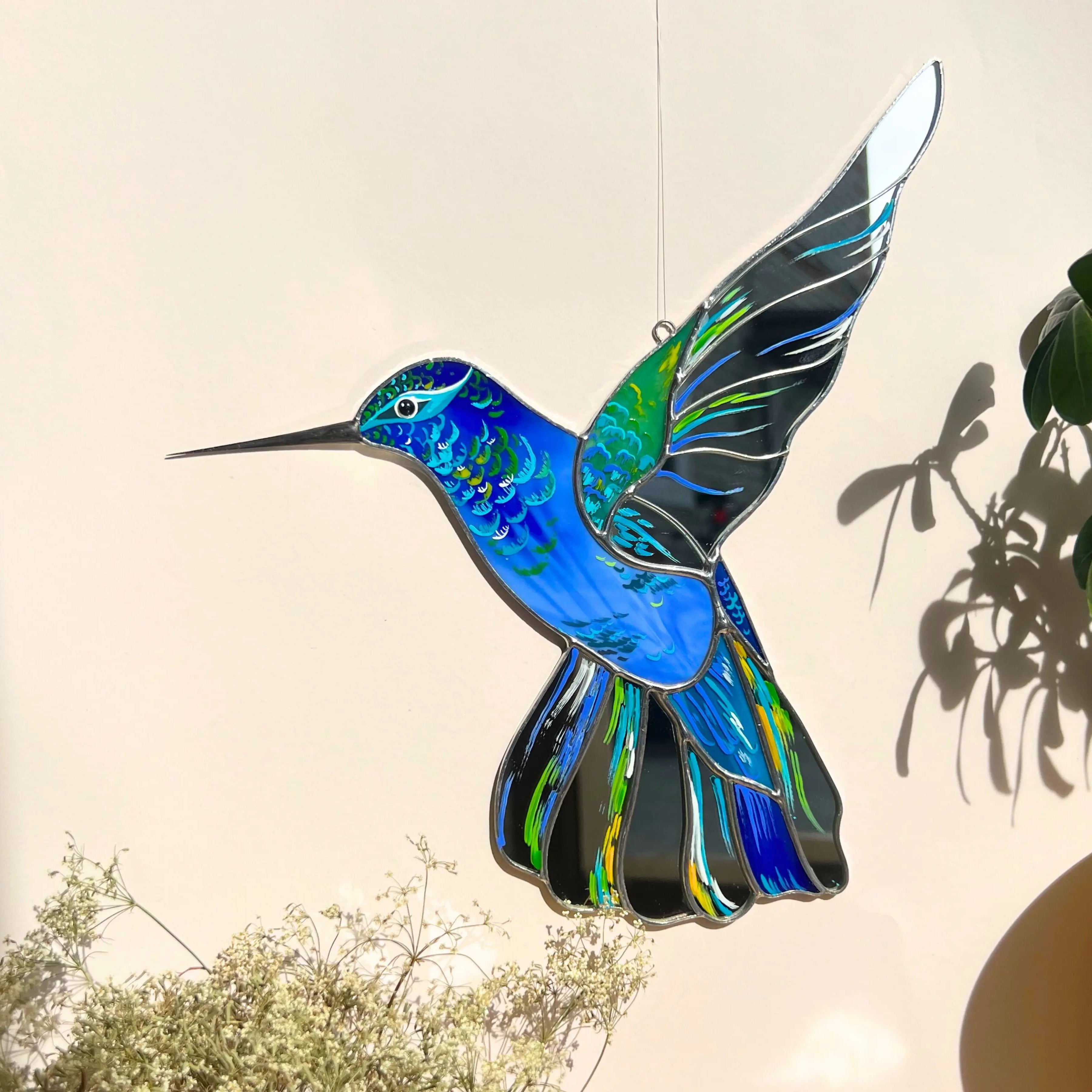 Blue Mirror Hummingbird - Stained Glass Bird Suncatcher
