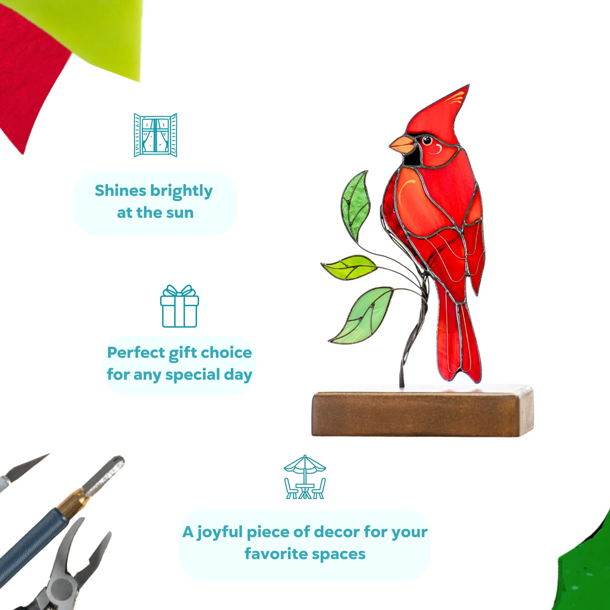Cardinal on a Wooden Base - Stained Glass Suncatcher
