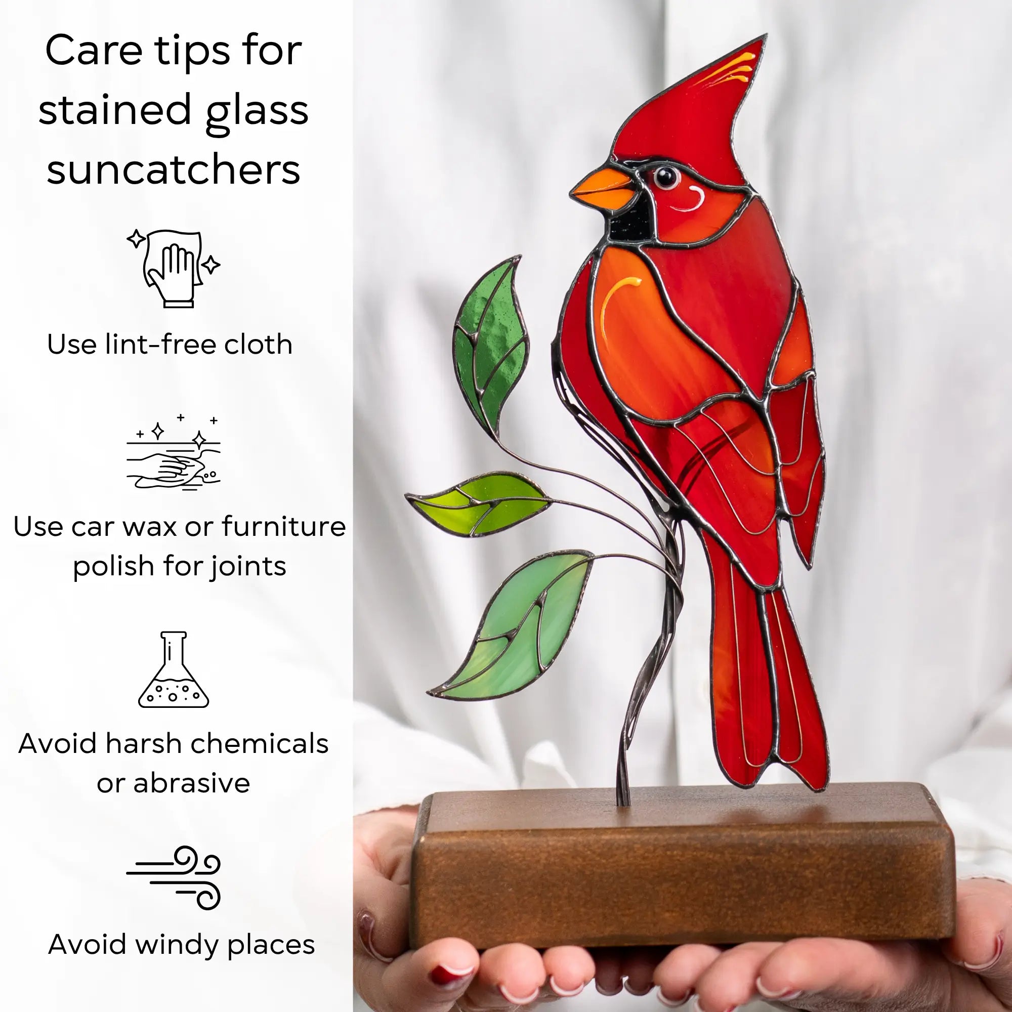 Cardinal on a Wooden Base - Stained Glass Suncatcher