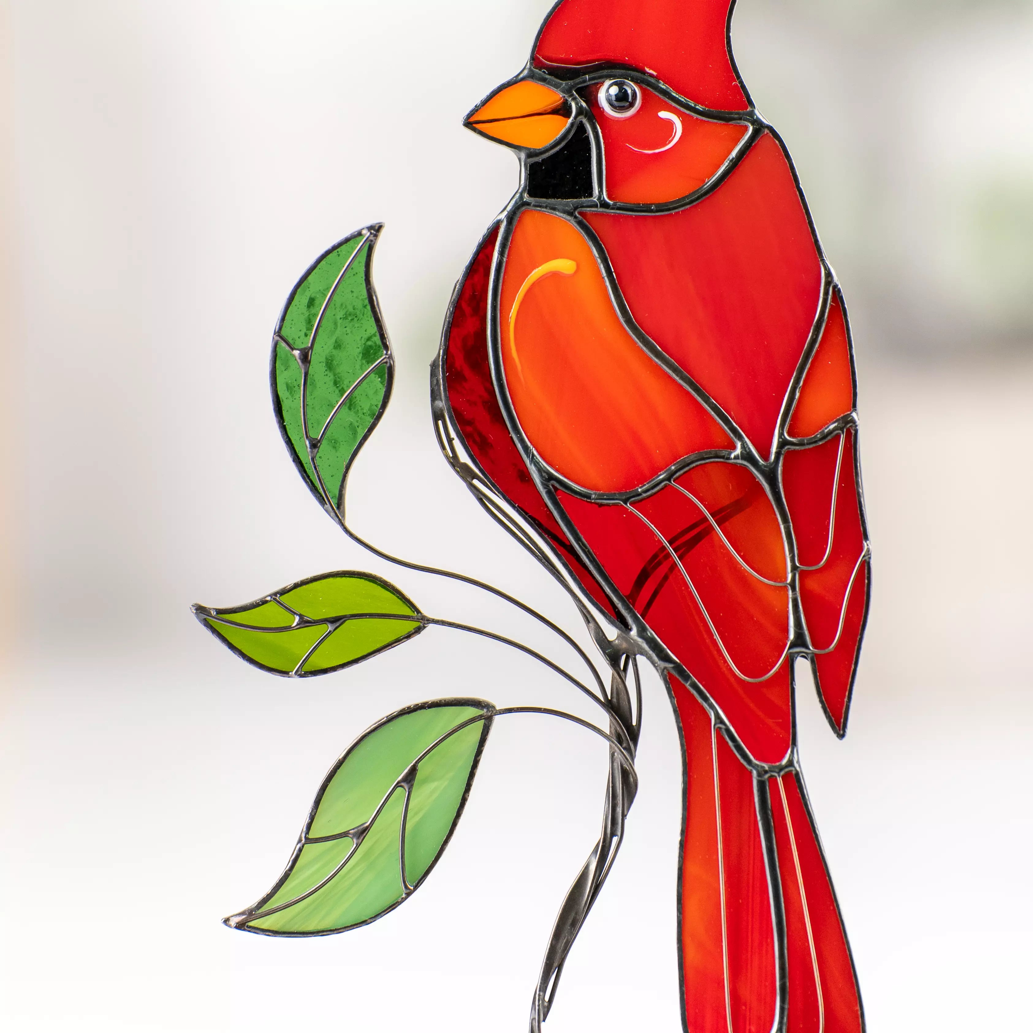 Cardinal on a Wooden Base - Stained Glass Suncatcher