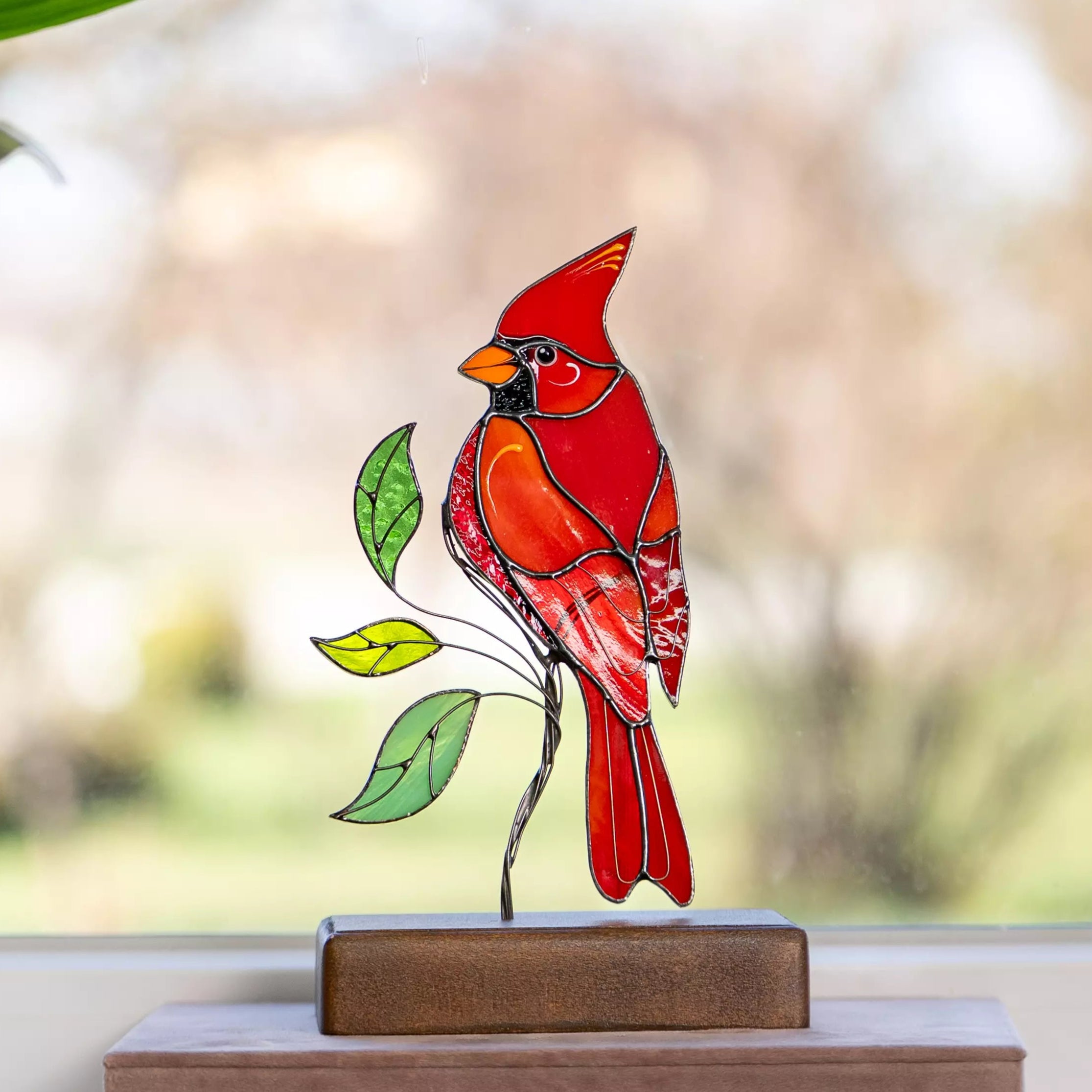 Cardinal on a Wooden Base - Stained Glass Suncatcher