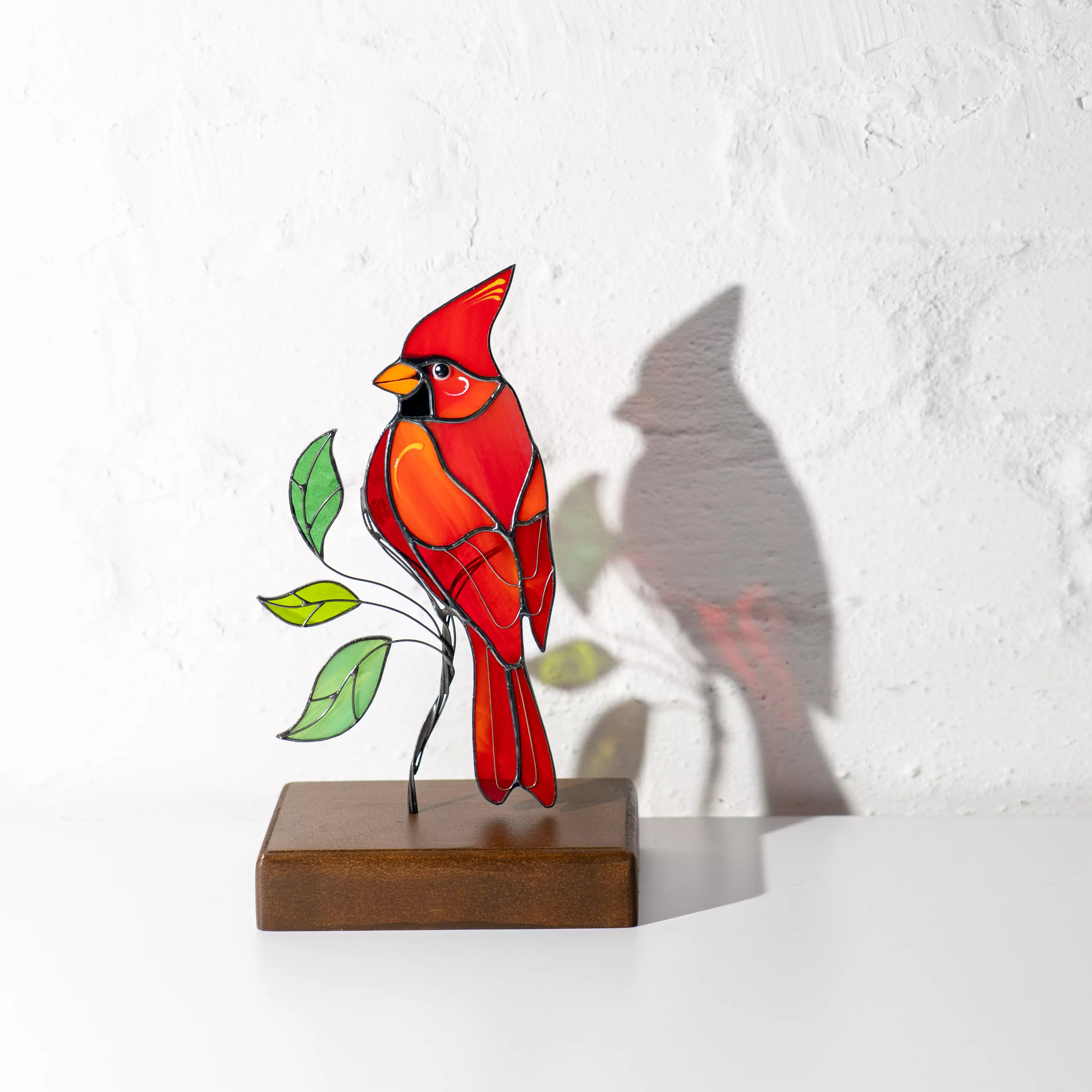Cardinal on a Wooden Base - Stained Glass Suncatcher