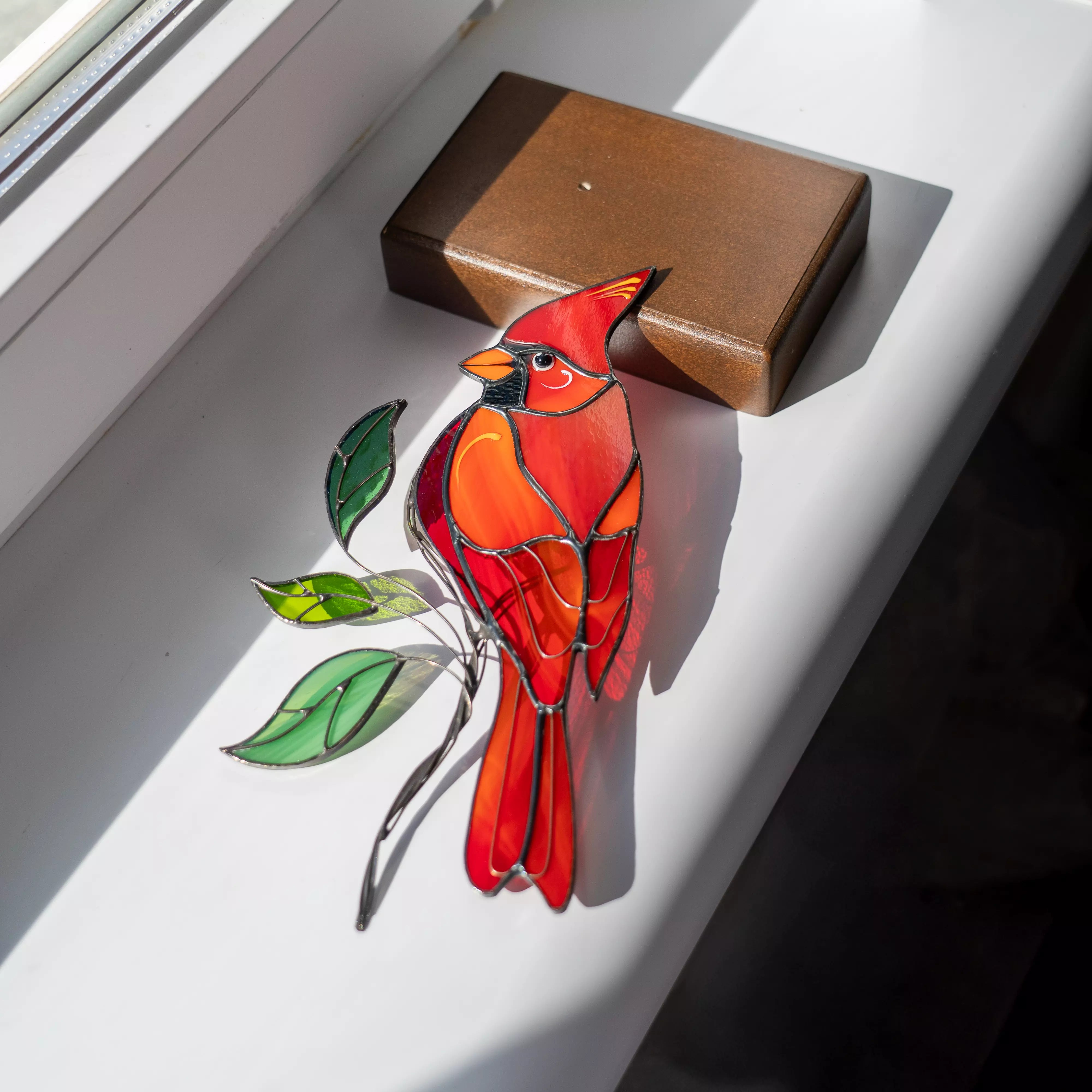 Cardinal on a Wooden Base - Stained Glass Suncatcher