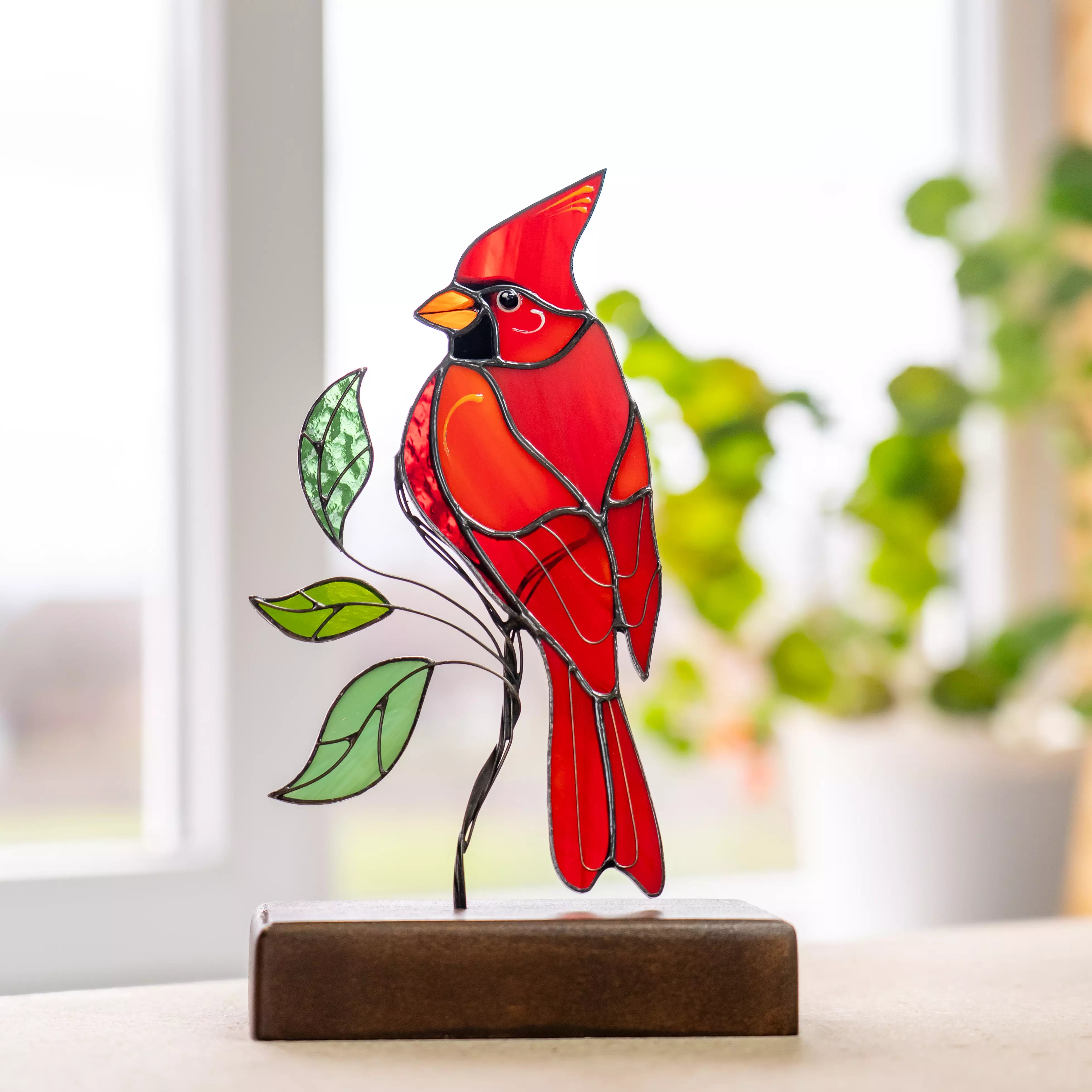 Cardinal on a Wooden Base - Stained Glass Suncatcher
