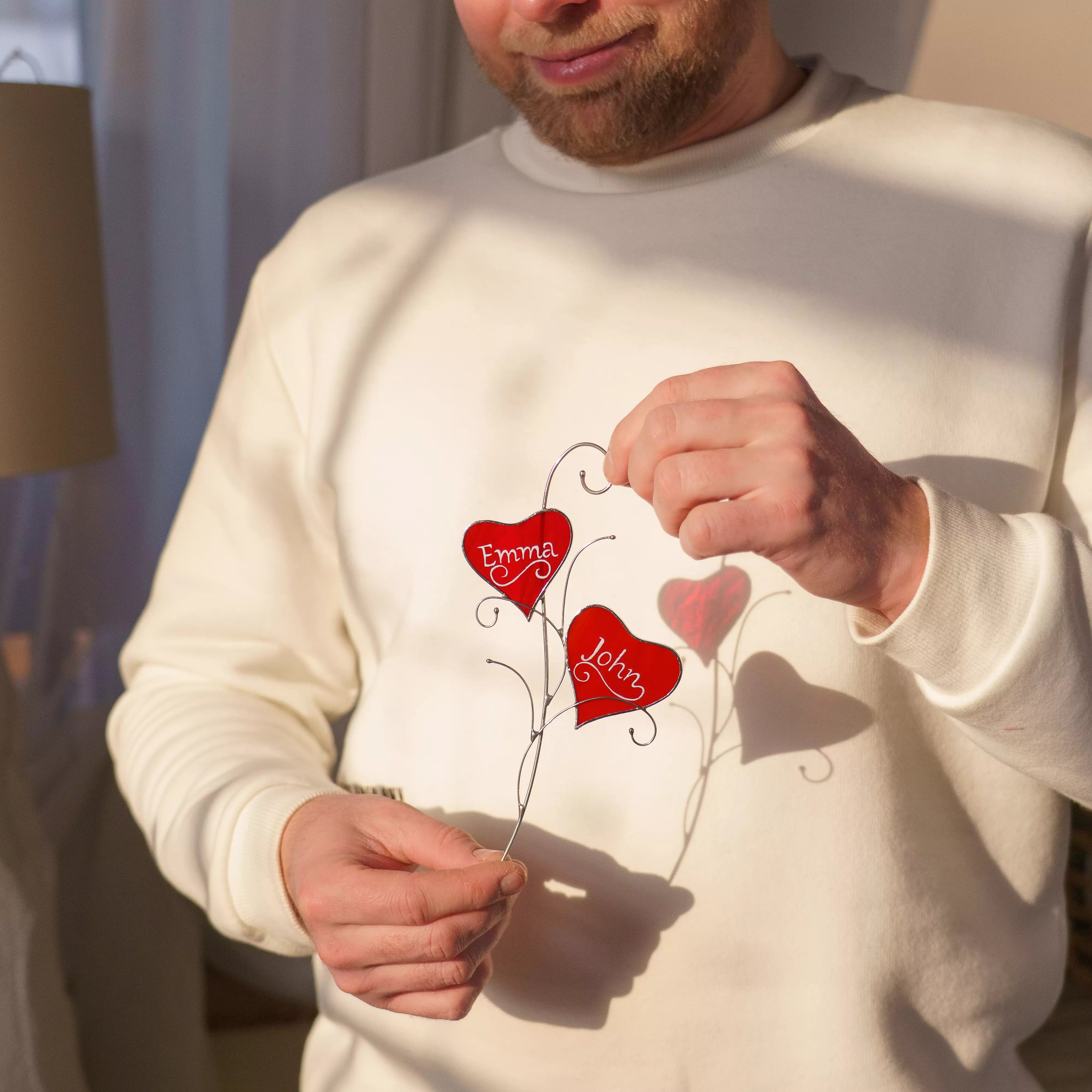 Pair of Red Hearts with Personalization - Stained Glass Suncatcher