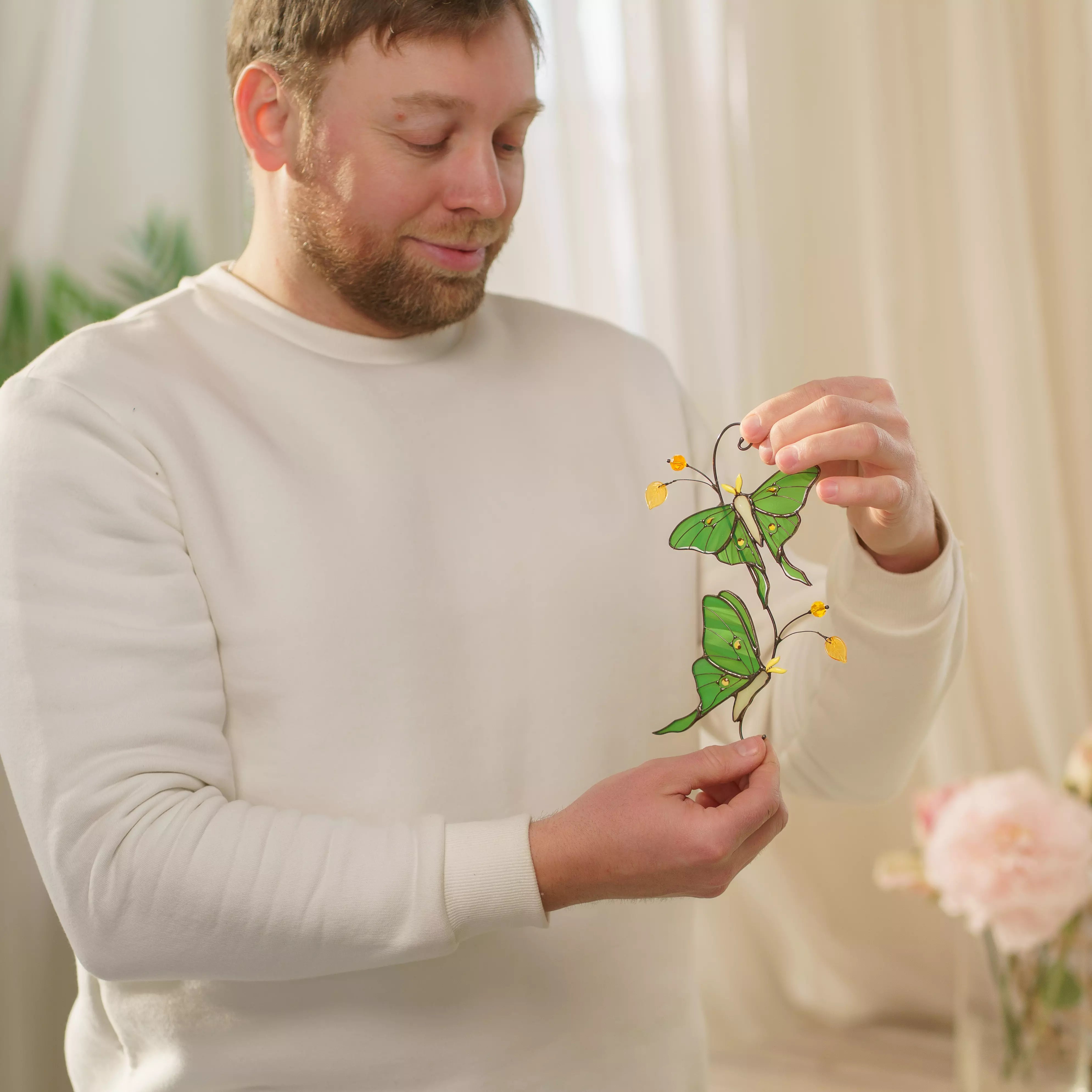 Pair of Luna Moth Butterflies - Stained Glass Suncatcher