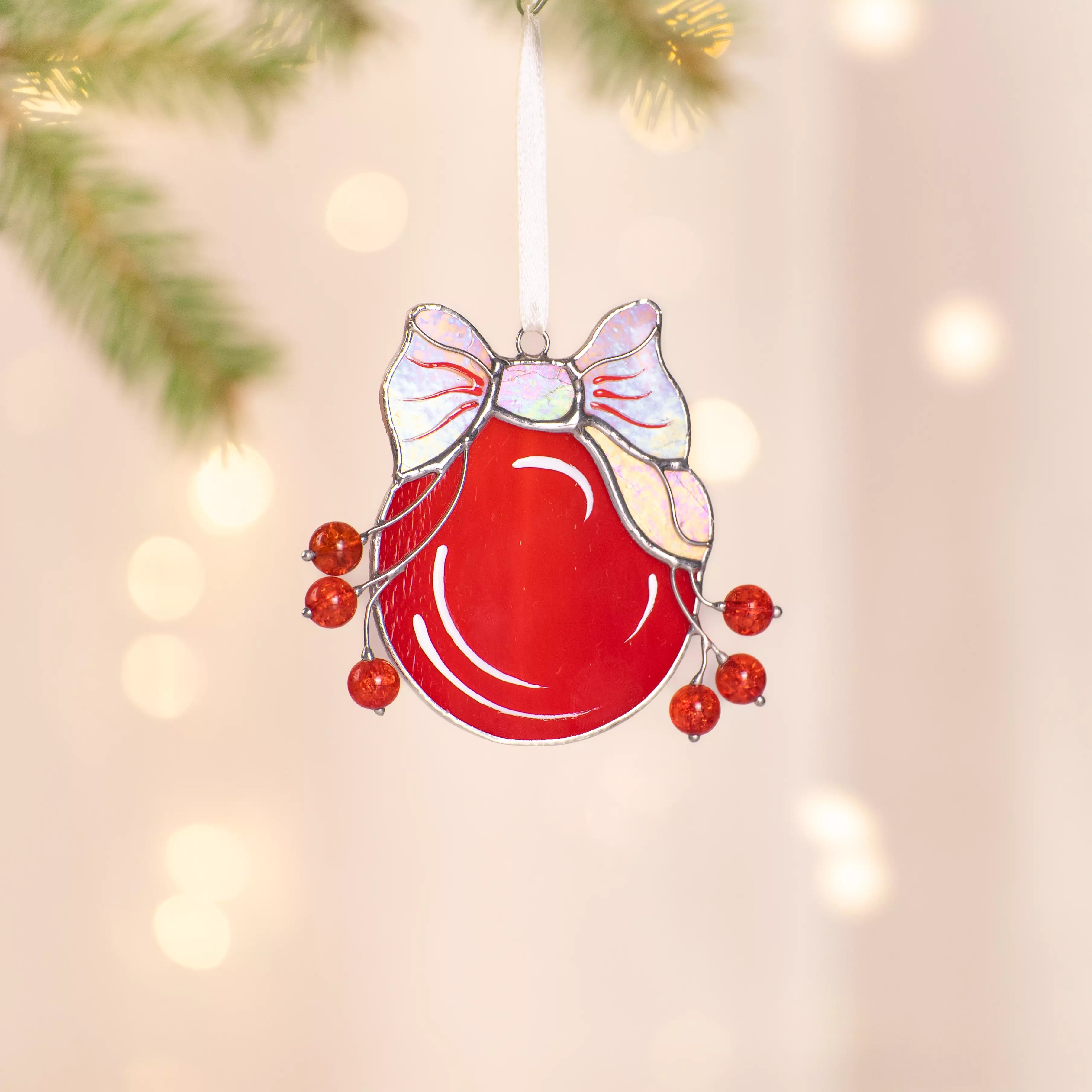 Red Christmas Ball with Iridescent Bow - Stained Glass Ornament