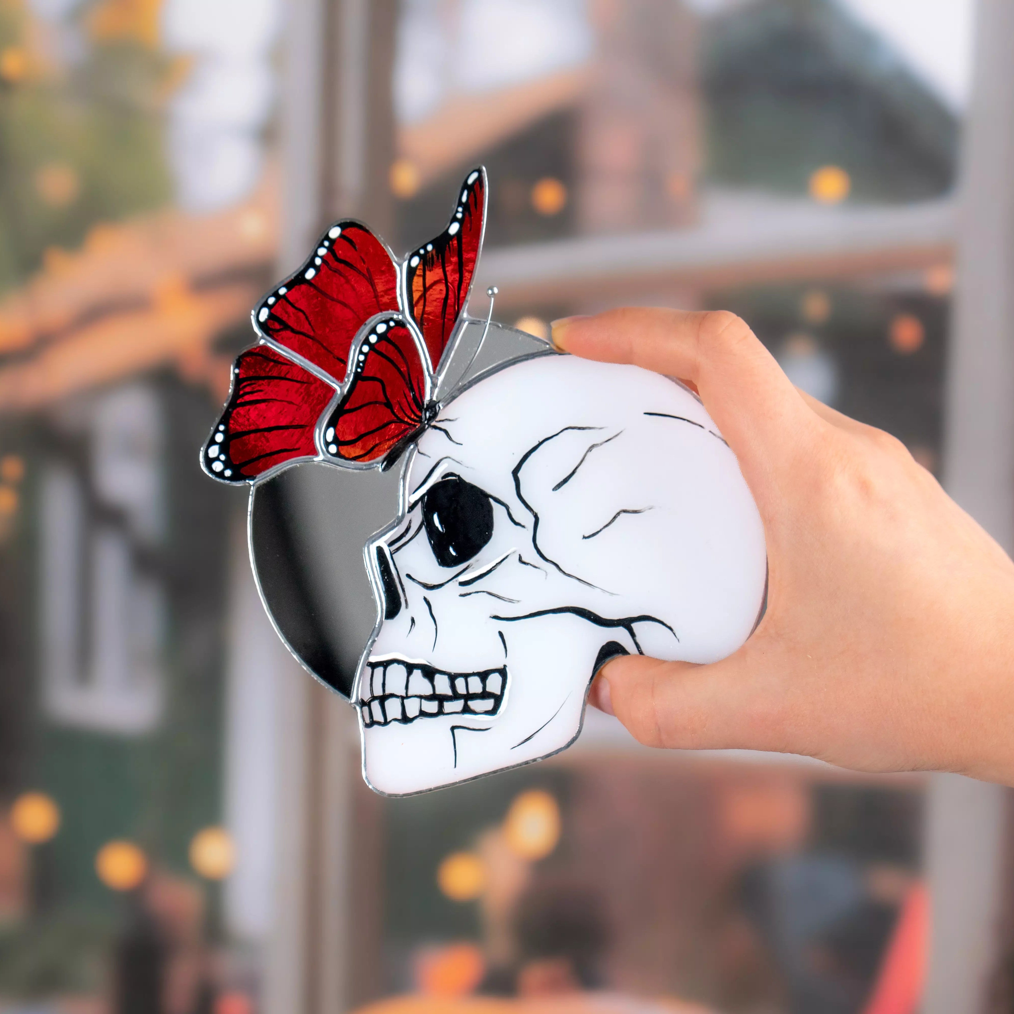 Skull with Monarch Butterfly - Stained Glass Suncatcher