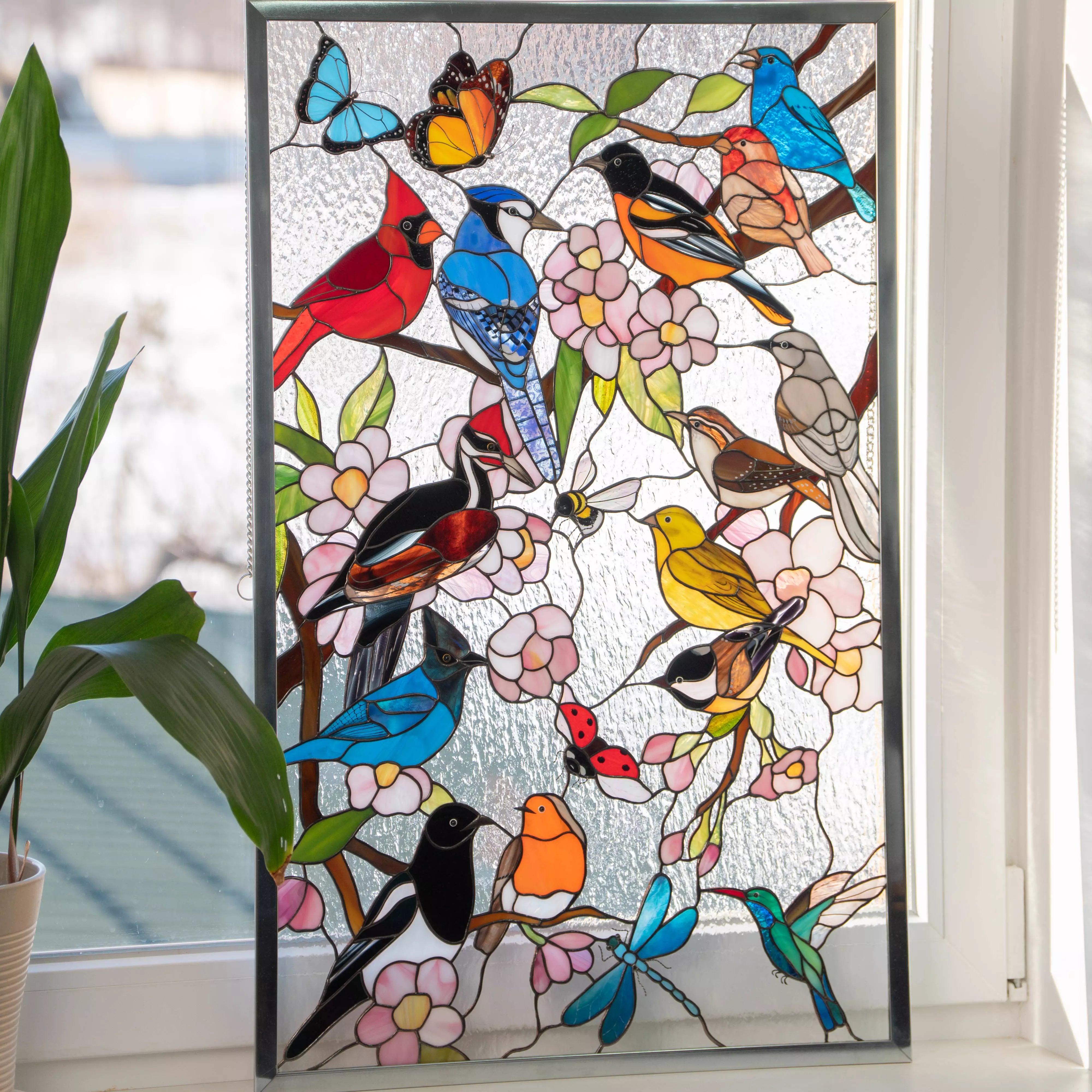 Colorful Birds on a Branches - Custom Stained Glass Panel