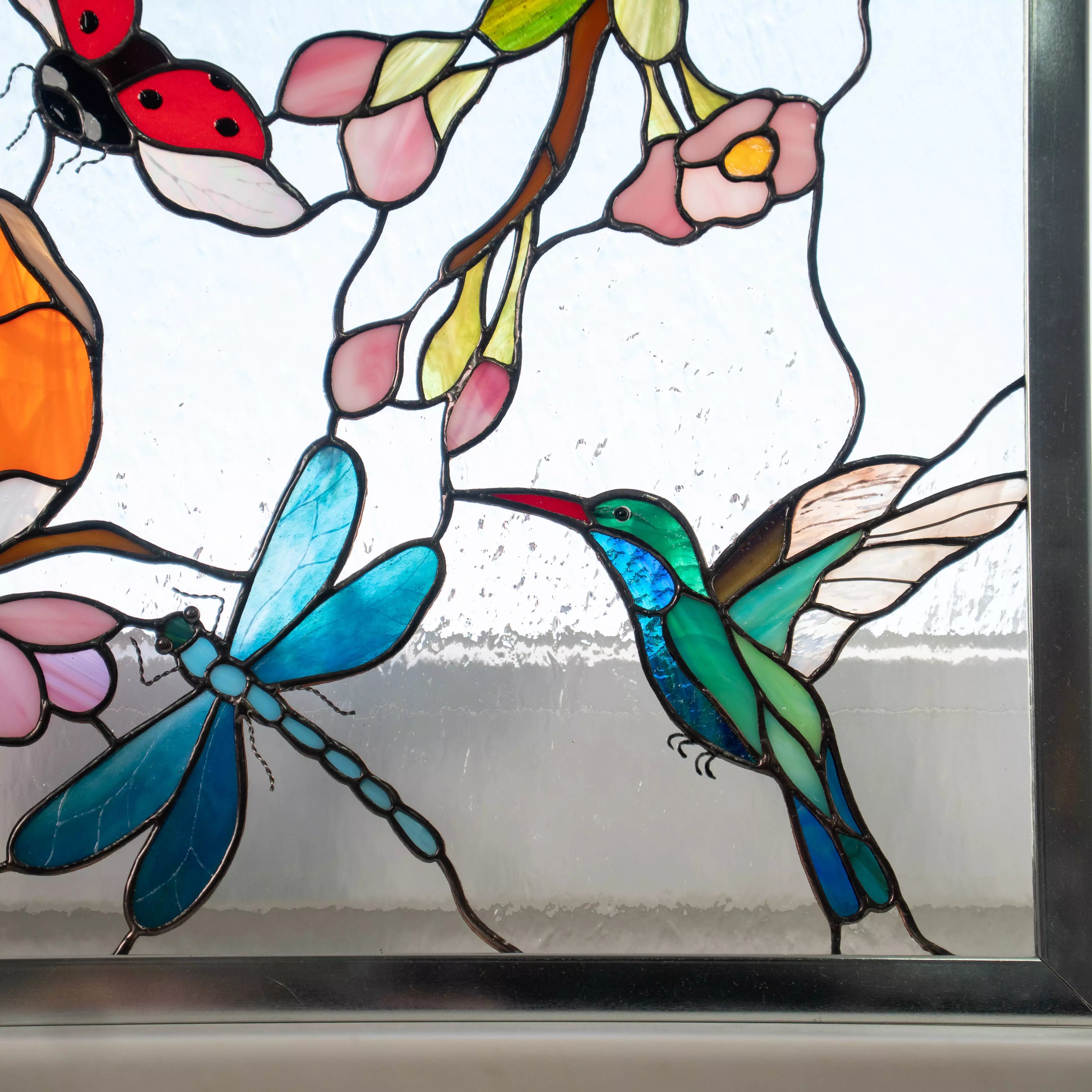 Colorful Birds on a Branches - Custom Stained Glass Panel