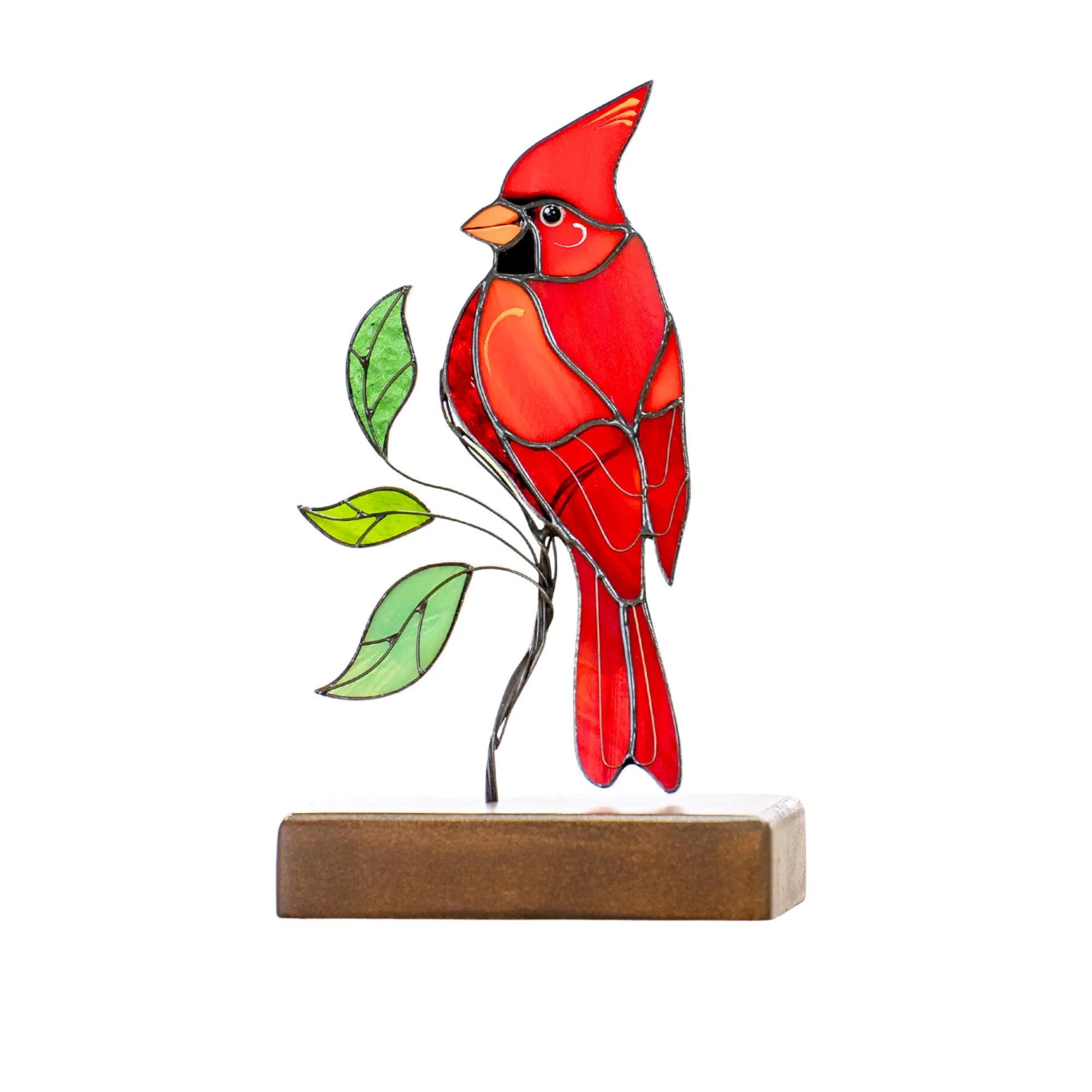 Cardinal on a Wooden Base - Stained Glass Suncatcher