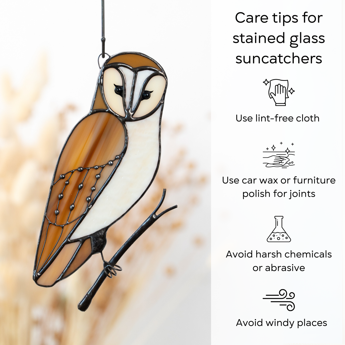 Stained glass owl hanging with care instructions for polishing and protecting stained glass decor