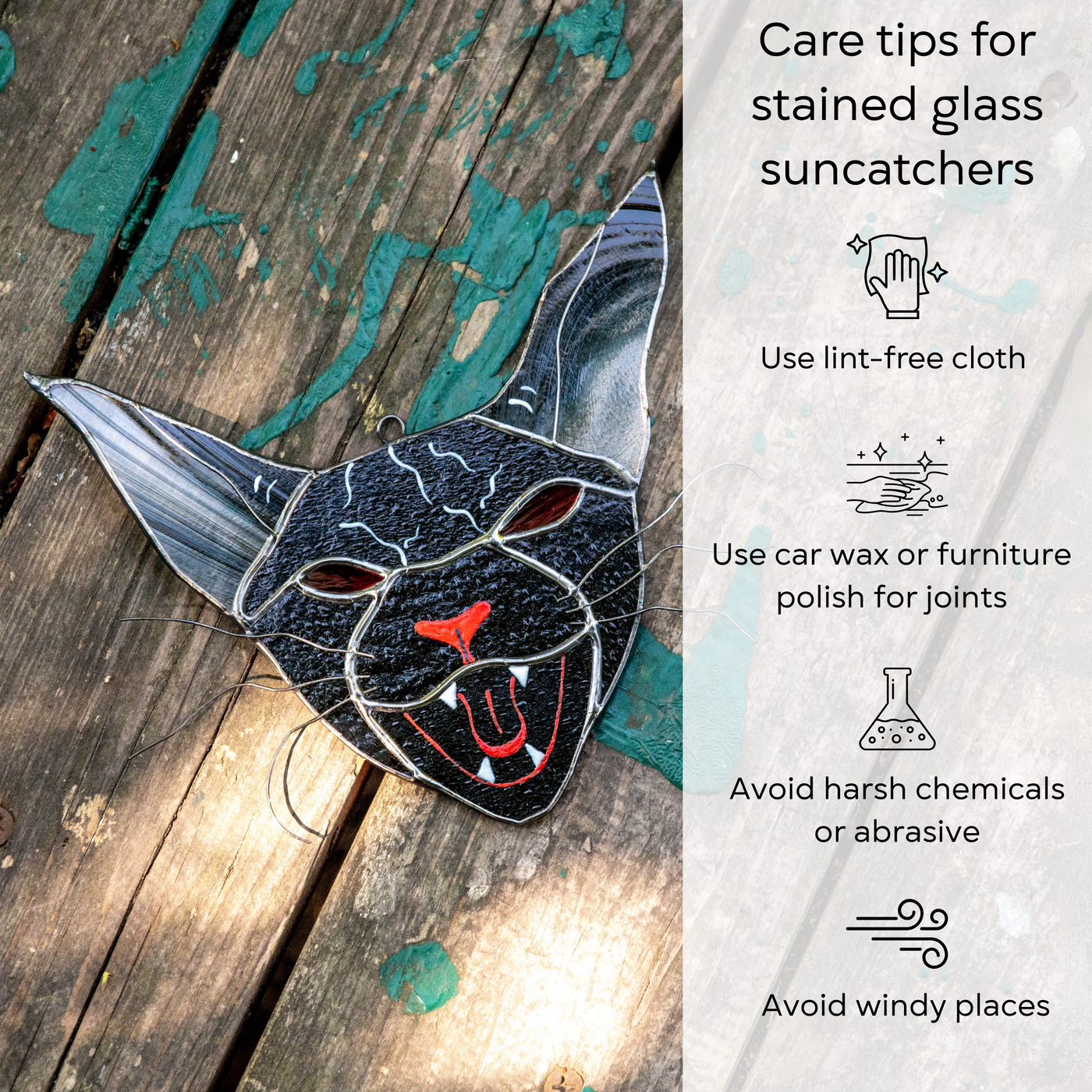 Stained glass scary black cat suncatcher with glowing red eyes and sharp teeth, are tips beside: use lint-free cloth, polish joints with car wax or furniture polish, avoid harsh chemicals, and windy places.