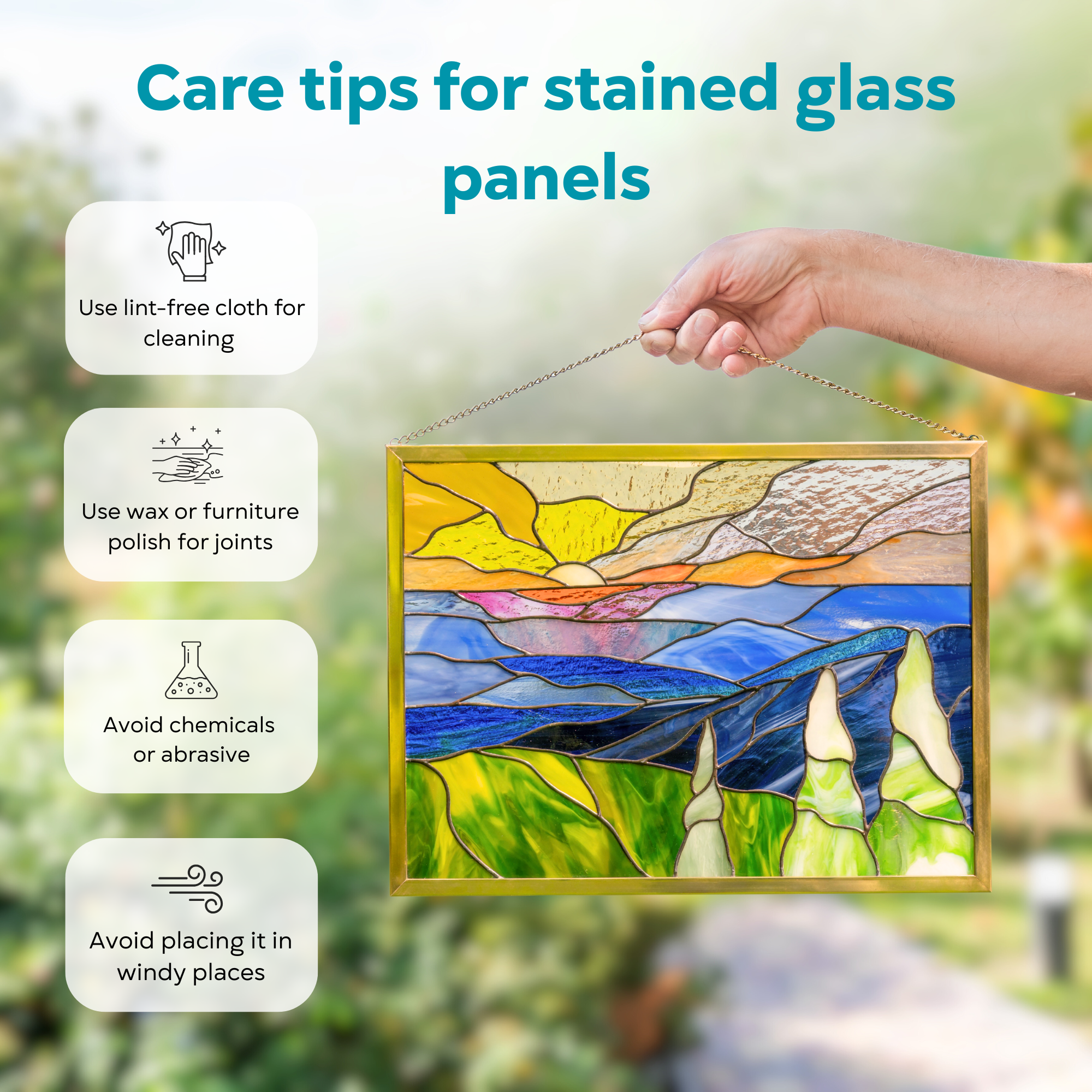 Сare tips for stained glass panels: cloth cleaning, wax for joints, avoid chemicals and wind