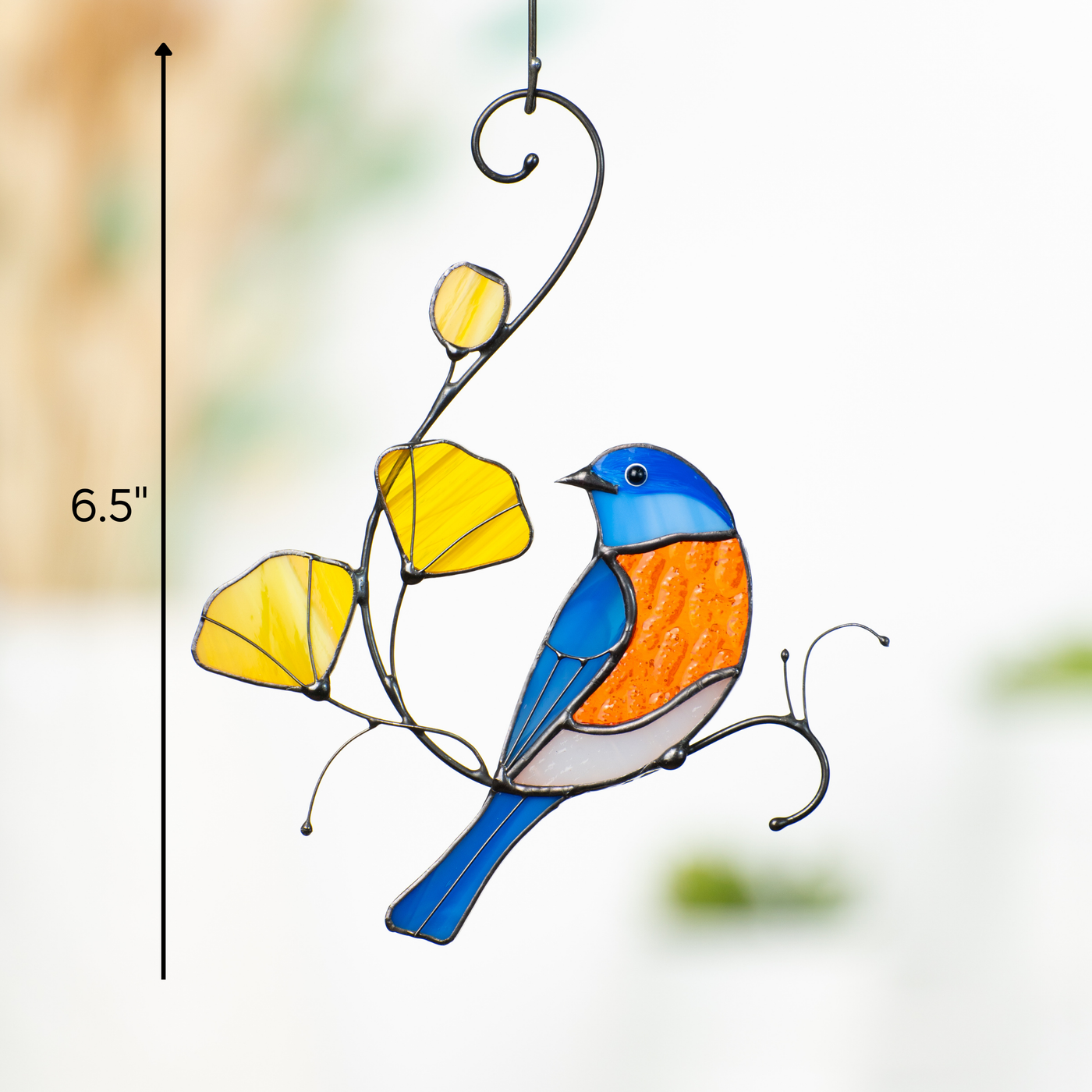 Hanging stained glass suncatcher with bluebird and yellow flowers, size marker showing 6.5 inches