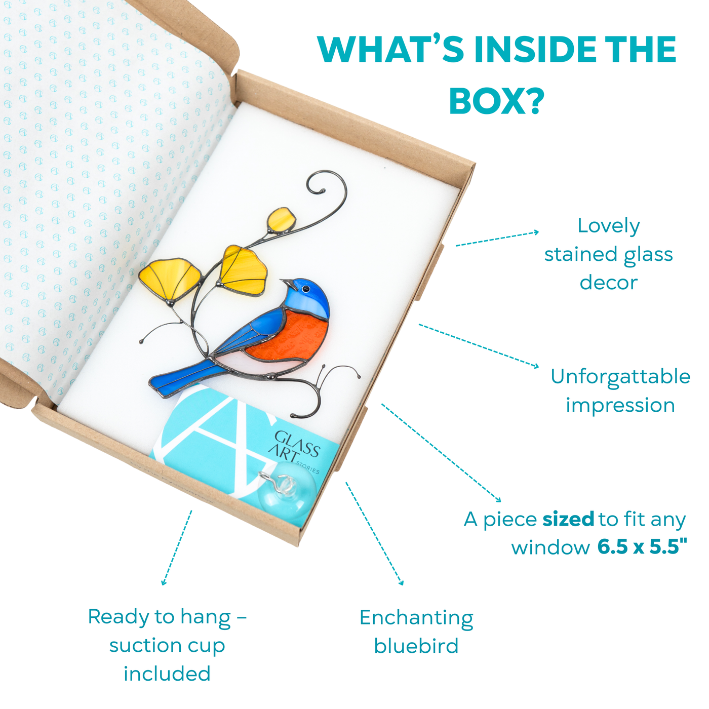 Bluebird suncatcher in a branded box with a suction cup and flowers, ready for gifting