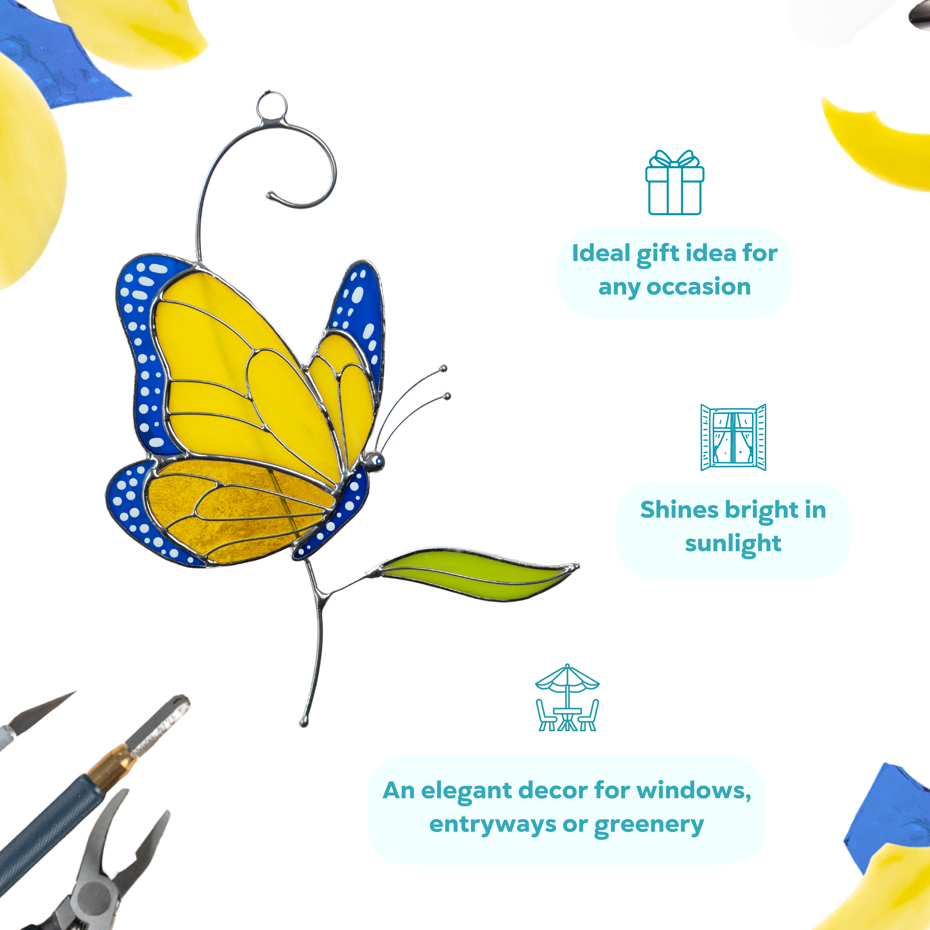Stained glass yellow and blue butterfly with green leaf, perfect gift and decor ideas.