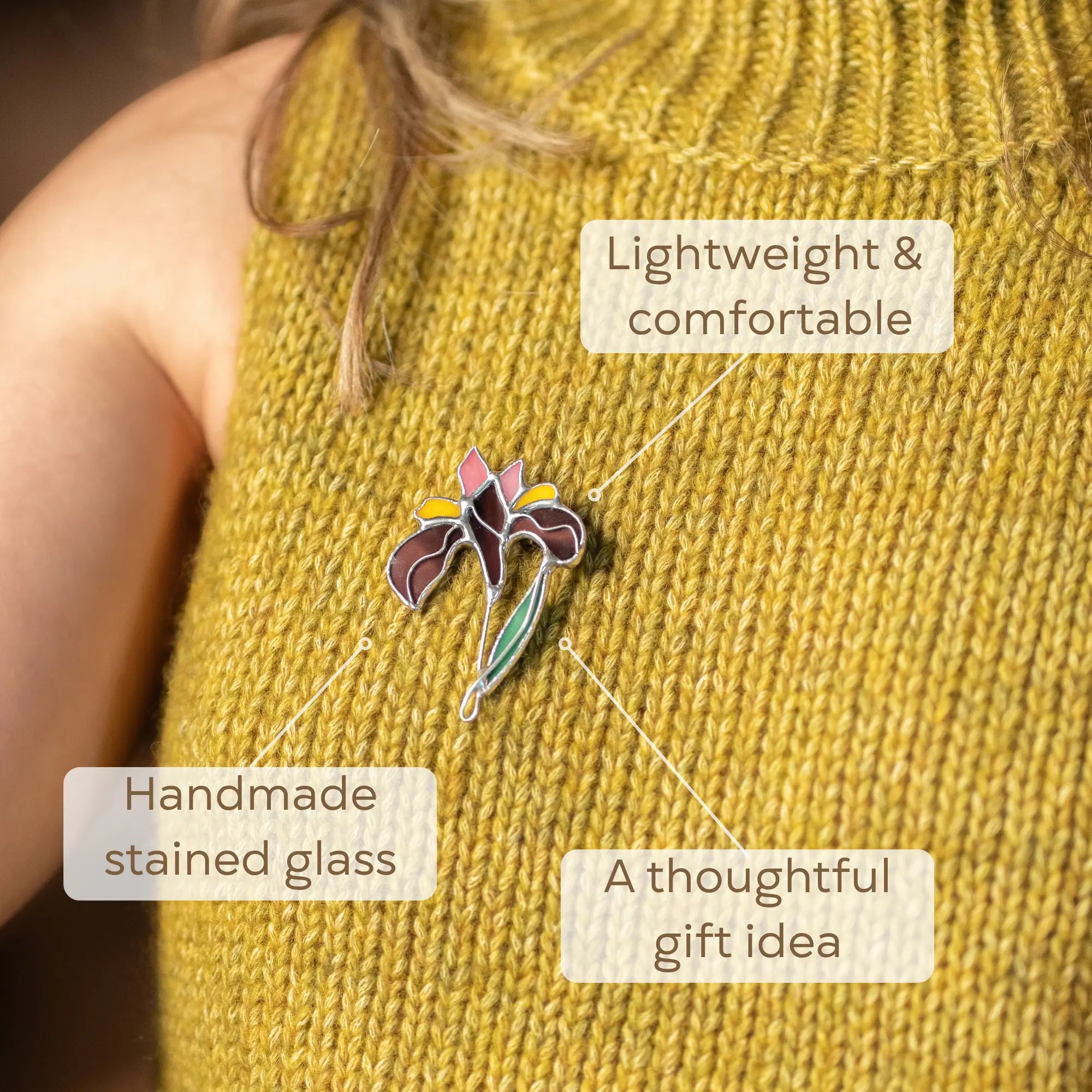 Stained glass iris Brooch on a yellow sweater as a thoughtful gift idea