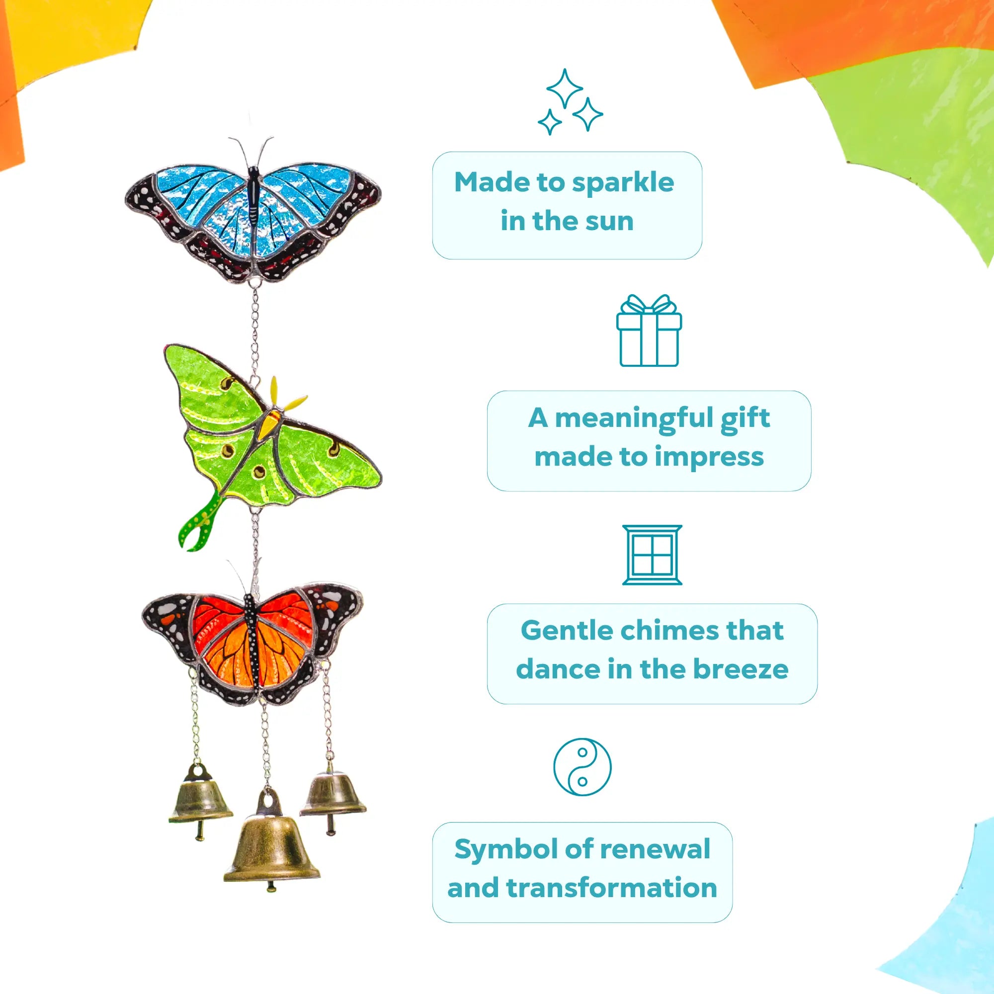 Butterfly-shaped wind chime with colorful wings and bells, set against a white background as a meaningful gift